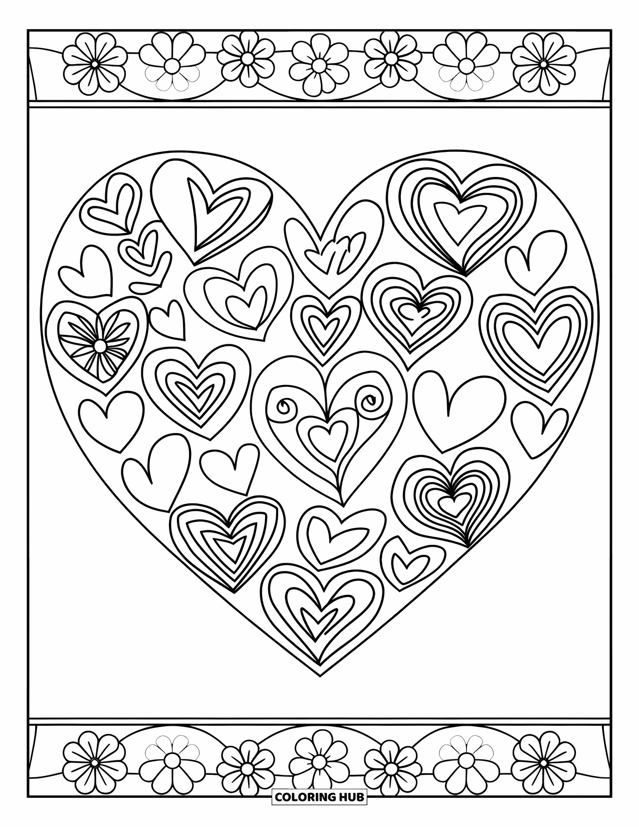 Herz Ausmalbild für Erwachsene: Ein großes Herz, gefüllt mit kleineren gemusterten Herzen und einem floralen Rand