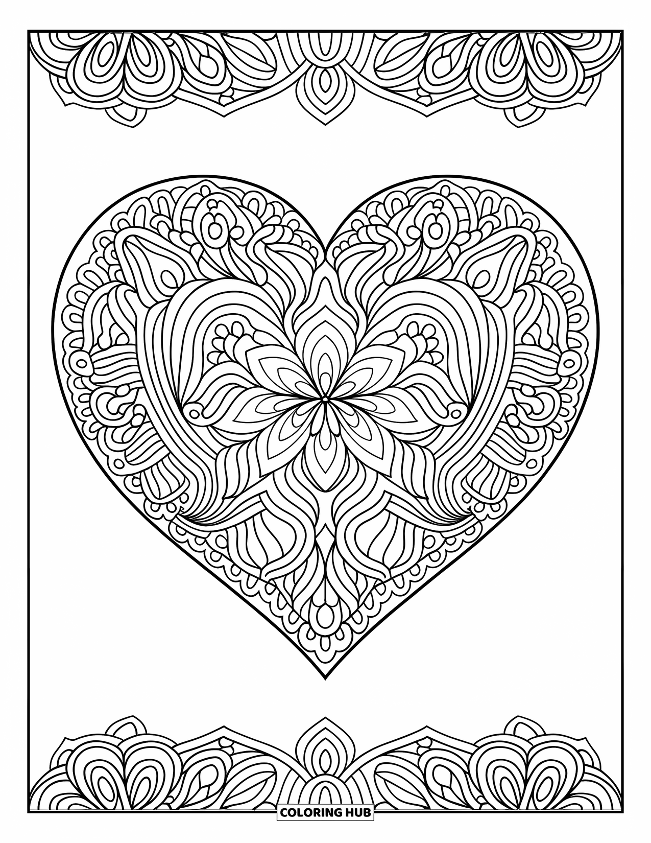 Herz Ausmalbild für Erwachsene: Ein Mandala-Herz mit Wirbeln und Blumen, umgeben von Rändern und Hintergrunddetails