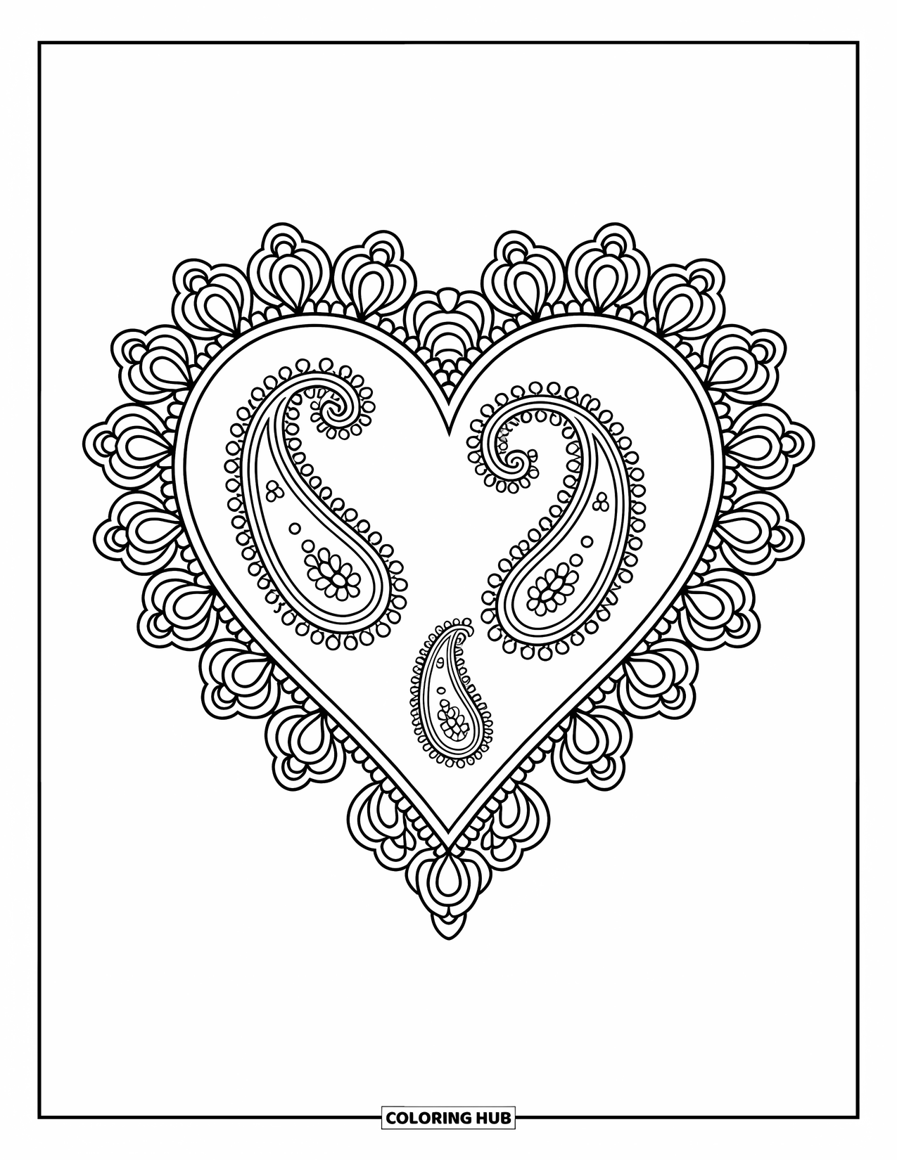 Herz Ausmalbild für Erwachsene: Ein mit Paisley gefülltes Herz mit eleganten Zierrändern und weichen Details