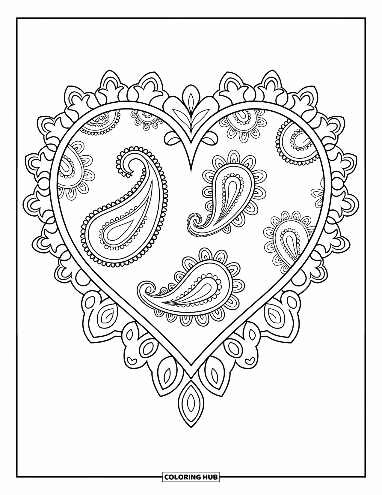 Herz Ausmalbild für Erwachsene: Ein Paisley-Herz, umgeben von detaillierten Zierrändern und anmutigen Linien