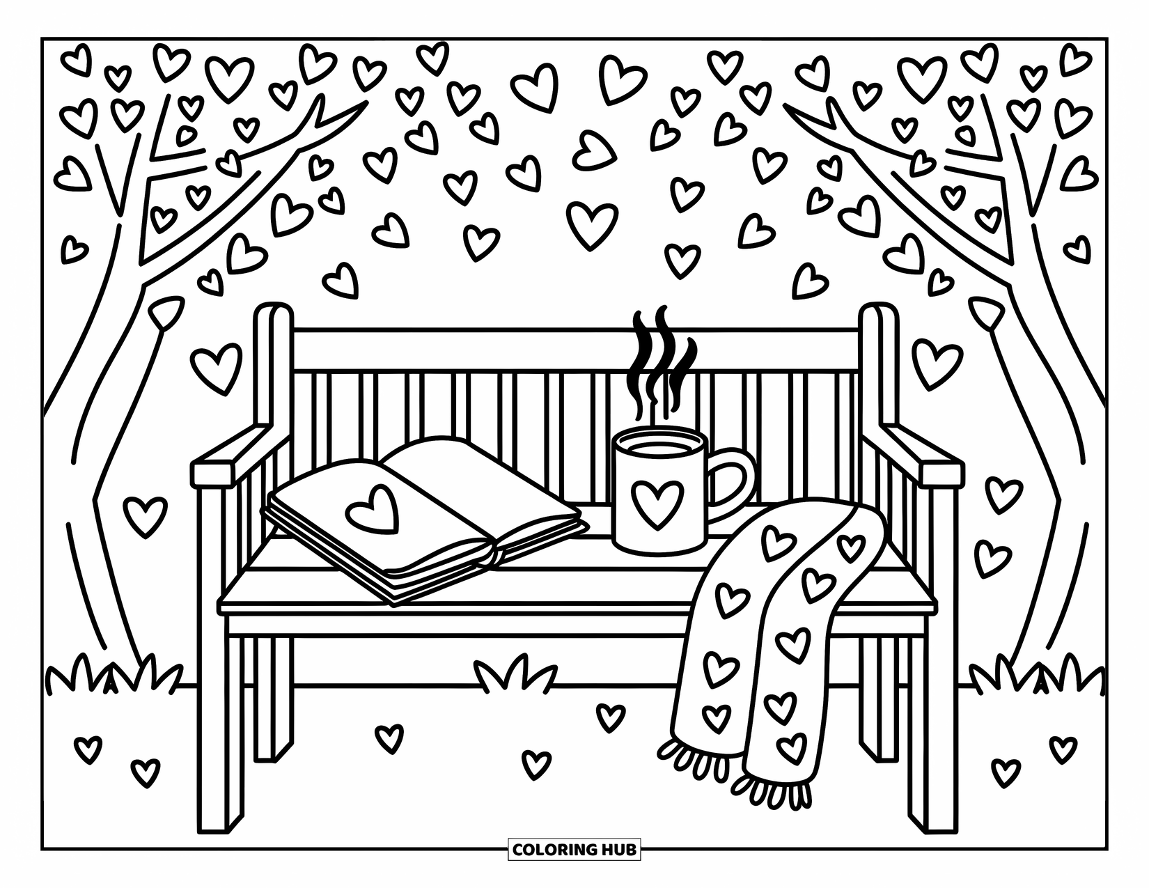 Herz Ausmalbild für Erwachsene: Eine friedliche Bank unter Herzbäumen, mit einem Schal, einem heißen Getränk und einem niedlichen Tagebuch