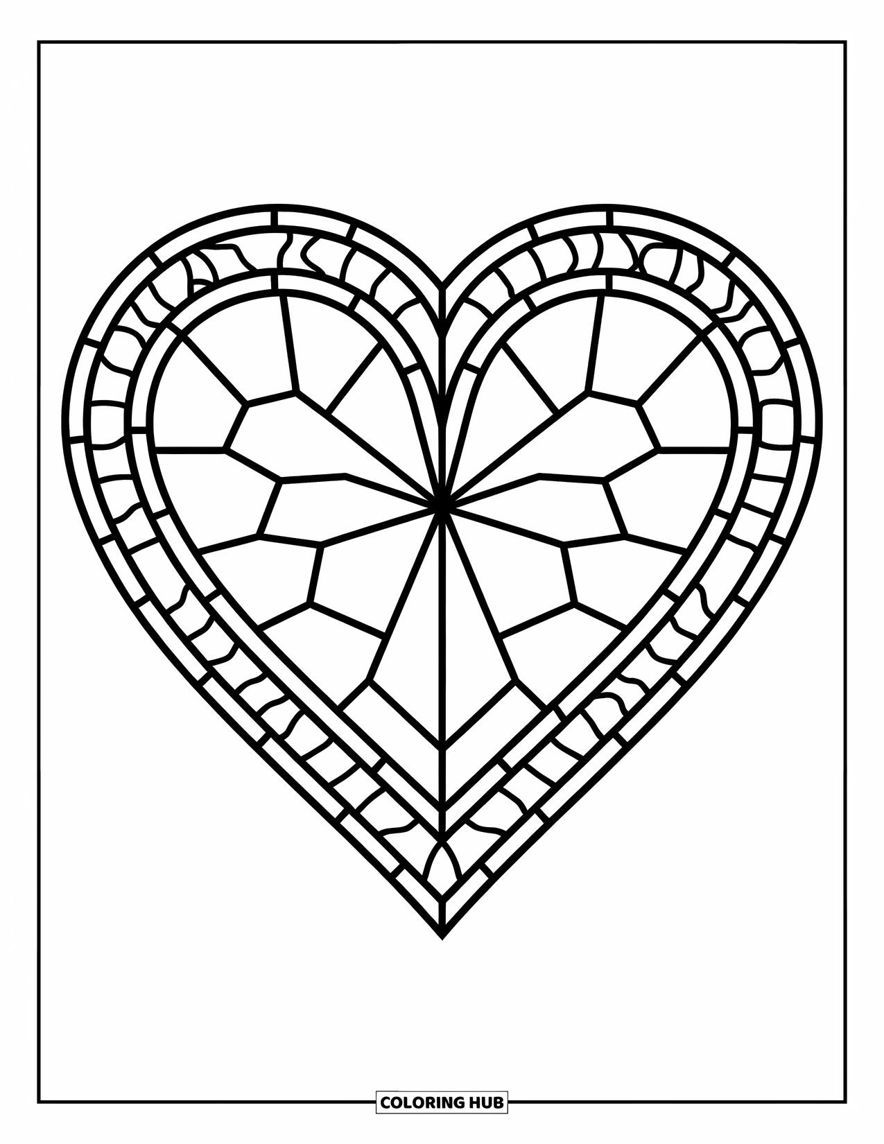 Herz Ausmalbild für Erwachsene: Ein einfaches Buntglasherz mit eleganten Linien und klaren Abschnitten