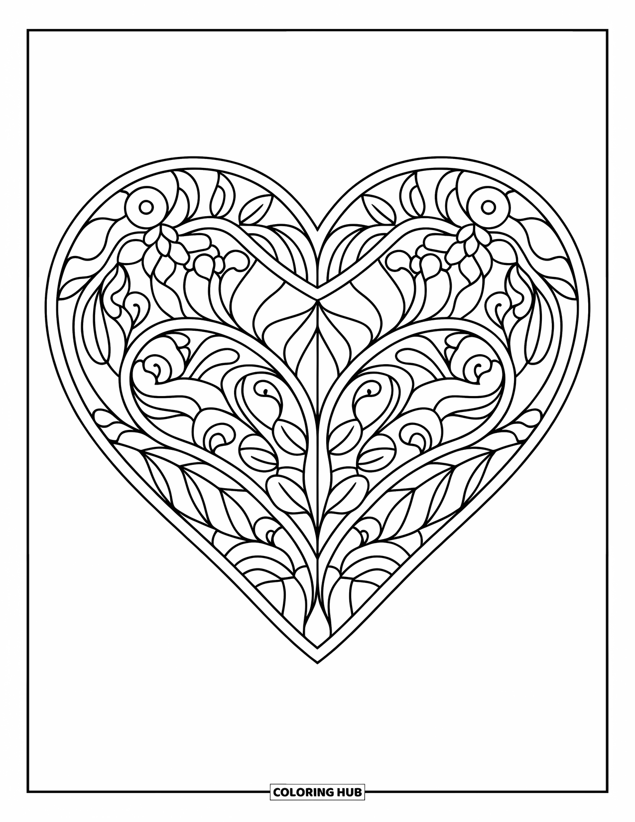 Herz Ausmalbild für Erwachsene: Ein Buntglasherz, gefüllt mit Wirbeln, Blättern und Blumen in anmutigen Segmenten