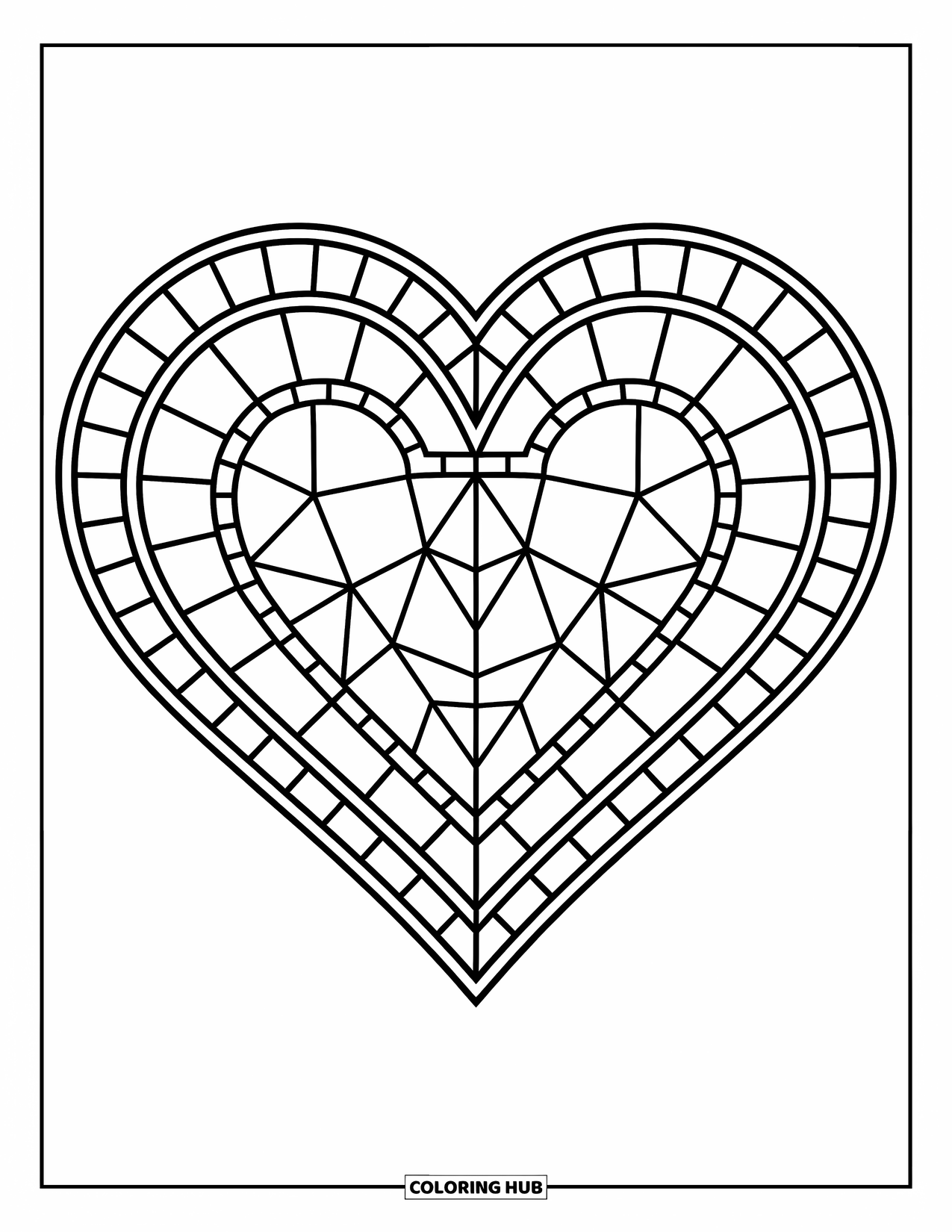 Herz Ausmalbild für Erwachsene: Ein Buntglasherz mit symmetrischen Segmenten und anmutigen Rändern