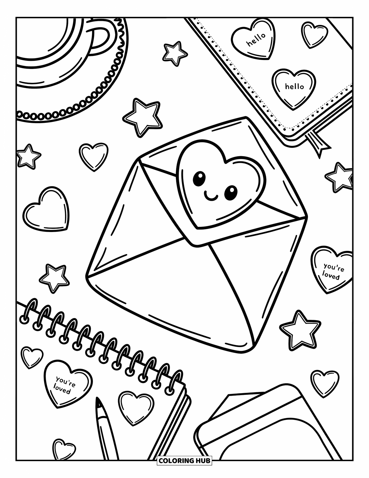 Herz Ausmalbild für Erwachsene: Eine süße Schreibtischszene mit Papierherzen, Tee, Sternen und einem mit Spitze besetzten Notizbuch