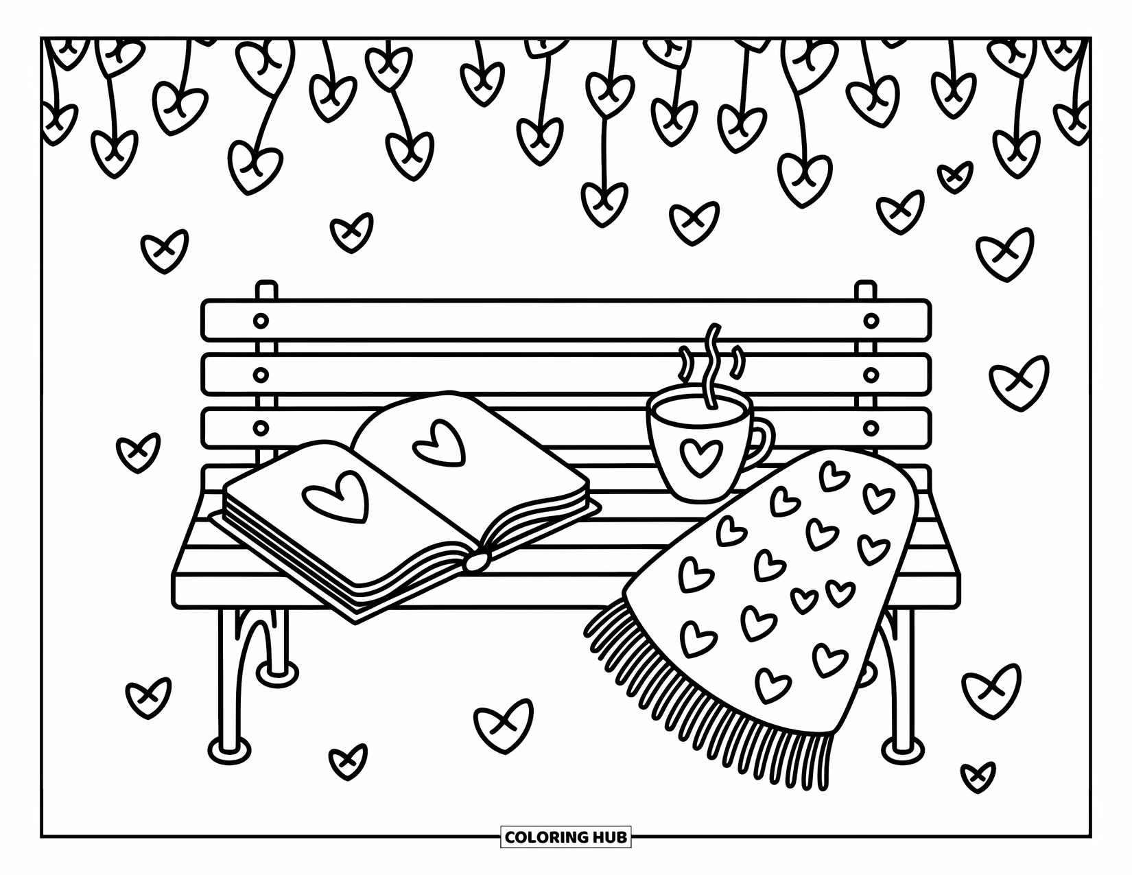 Herz Ausmalbild für Erwachsene: Eine süße Parkbank unter Herzblattbäumen, mit einem Tagebuch, einem Schal und einem warmen Getränk