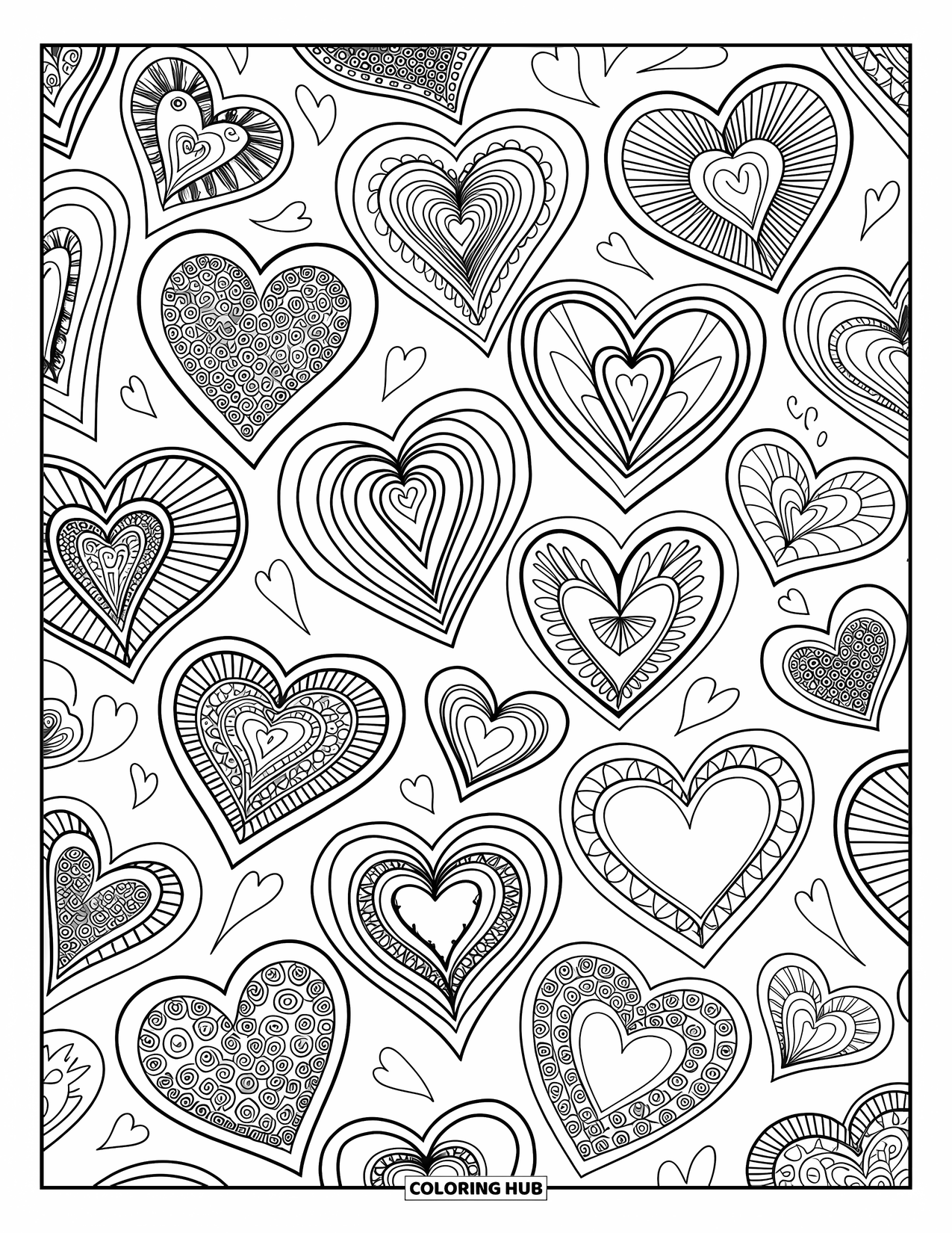 Herz Ausmalbild für Erwachsene: Ein Netz aus gemusterten Herzen, die in einem komplizierten, fließenden Layout verbunden sind