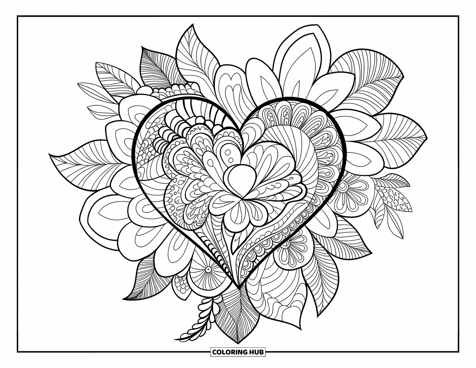 Herz Ausmalbild für Erwachsene: Ein Zentangle-Herz, umgeben von floralen Mandalas mit entspannenden und detaillierten Mustern