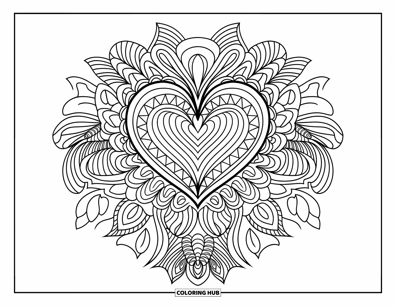 Herz Ausmalbild für Erwachsene: Ein kompliziertes Herz- und Blumen-Mandala-Design mit klaren Linien und eleganten Mustern