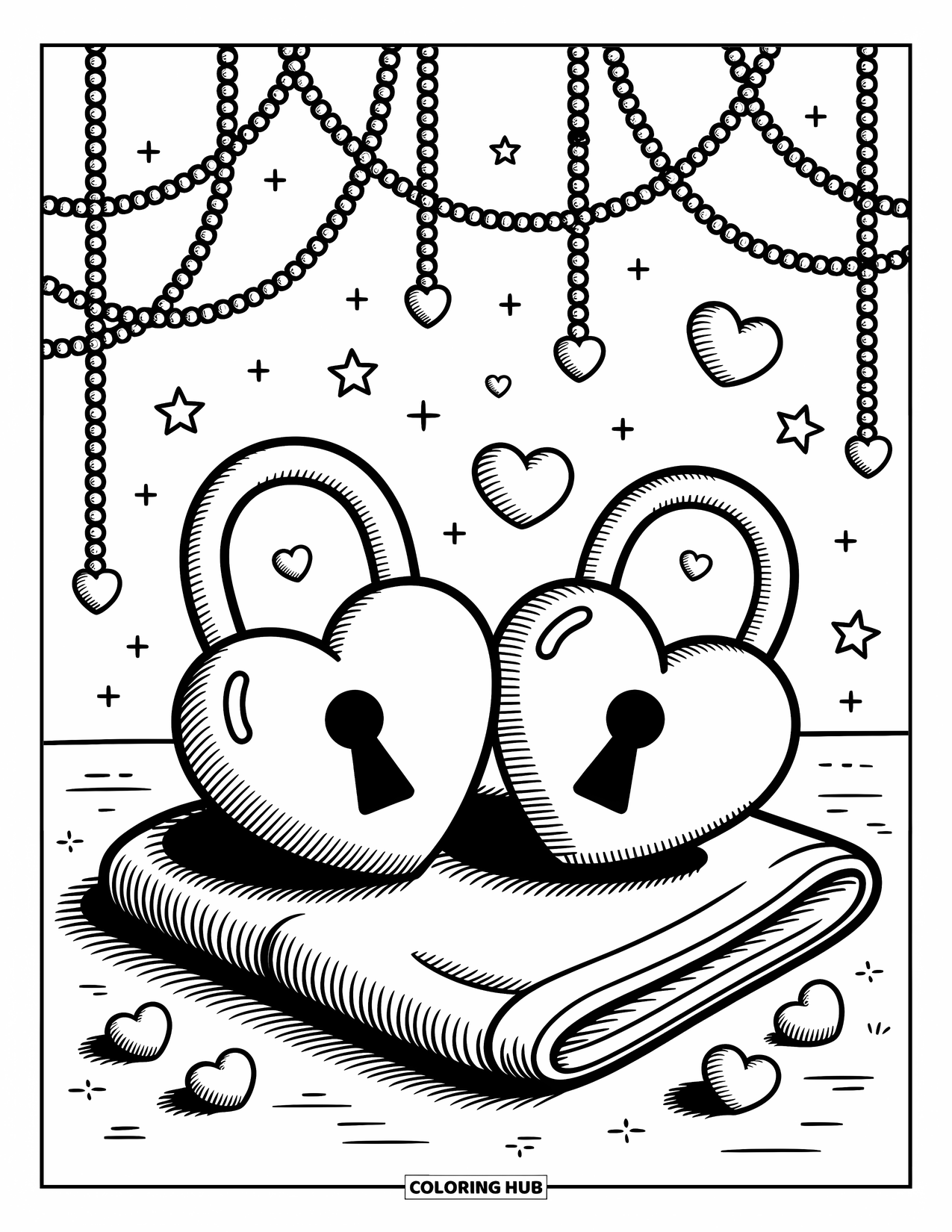 Herz Ausmalbild für Erwachsene: Niedliches herzförmiges Schloss und Schlüssel, die auf Stoff liegen, mit Glitzern, Perlen und Spitze