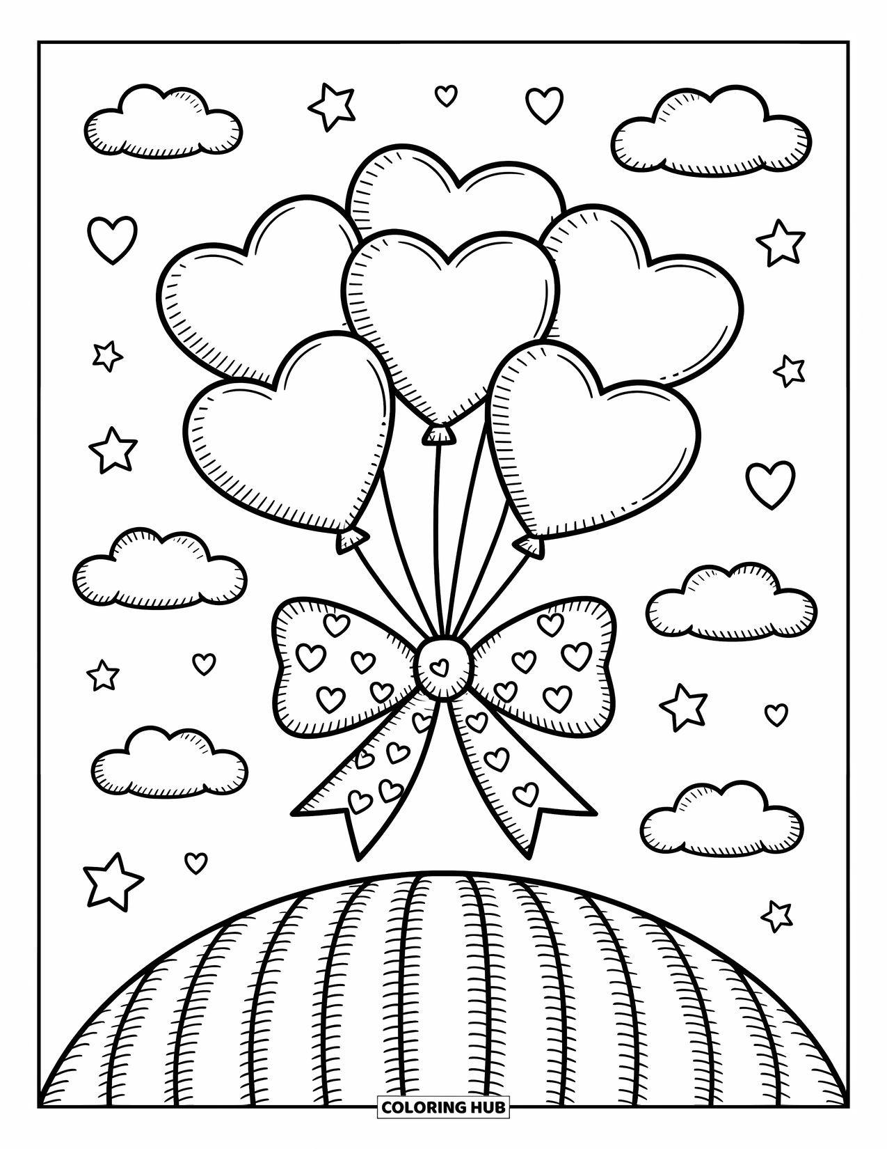 Herz Ausmalbild für Erwachsene: Schwebende Herzballons und treibende Herzen füllen einen Himmel aus Sternen und weichen Wolken