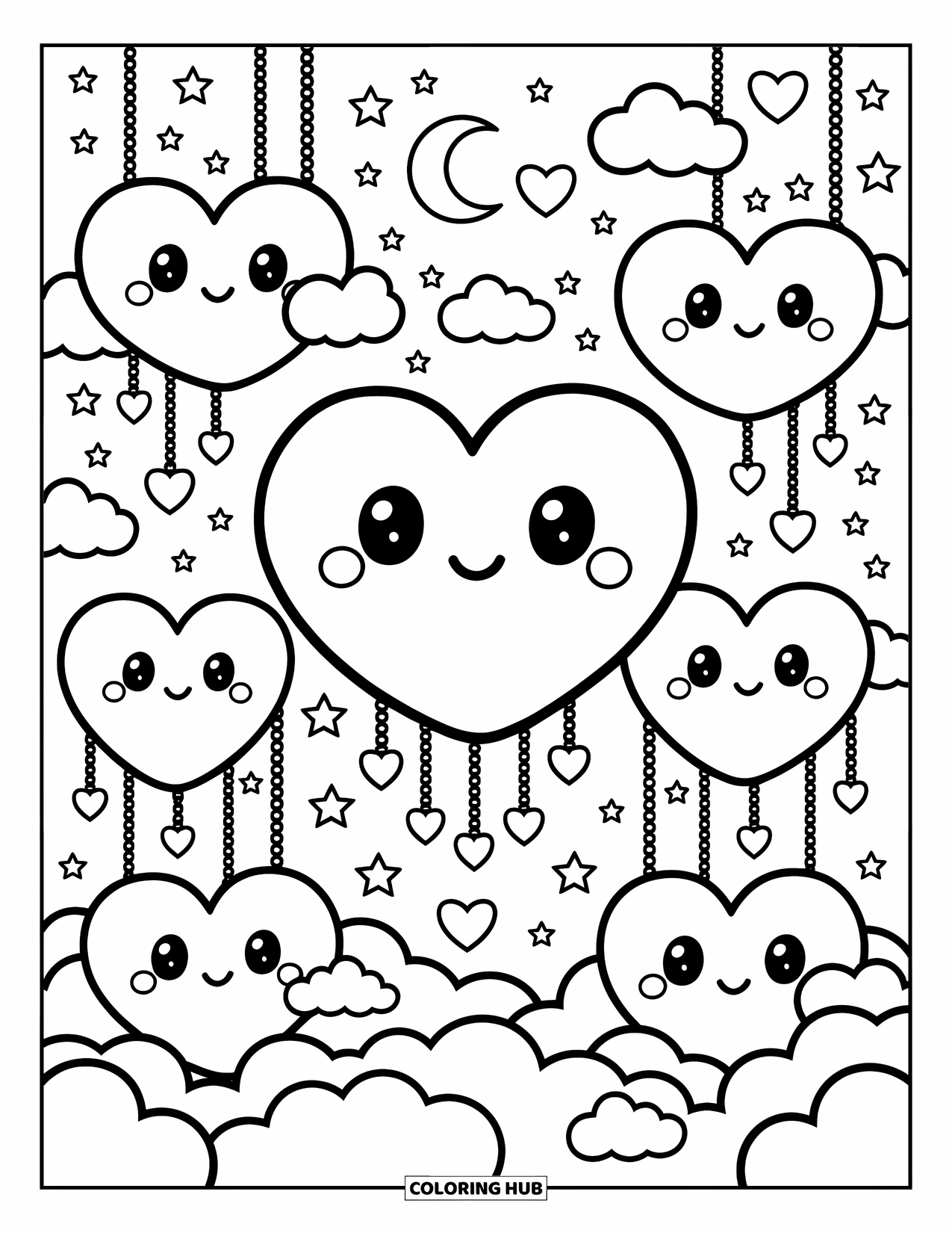 Herz Ausmalbild für Erwachsene: Schwebende Herzwolken mit Glitzern, Sternen und einer Mondsichel in einem verträumten Himmel