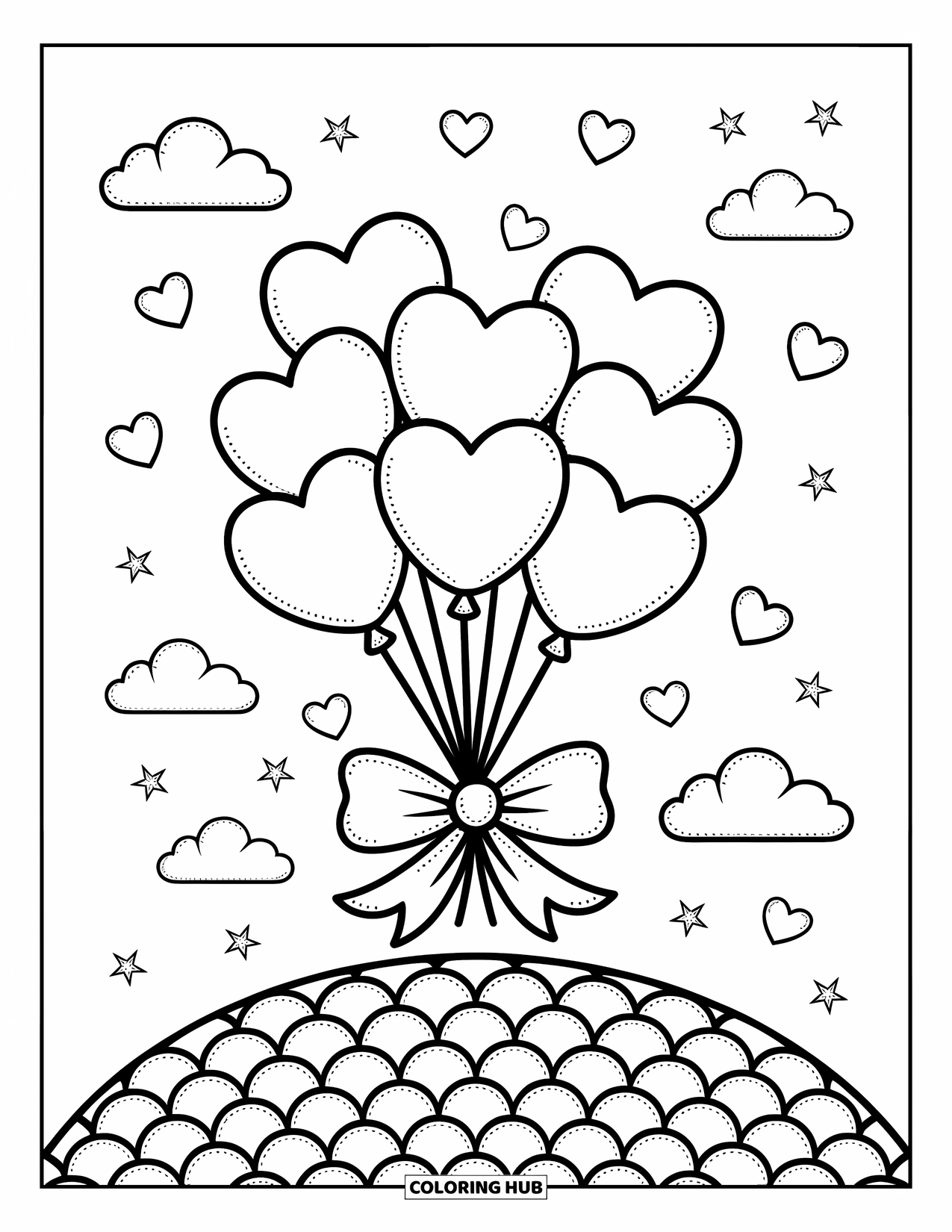 Herz Ausmalbild für Erwachsene: Herzballons schweben über einem Hügel mit Sternen, Wolken und treibenden kleinen Herzen
