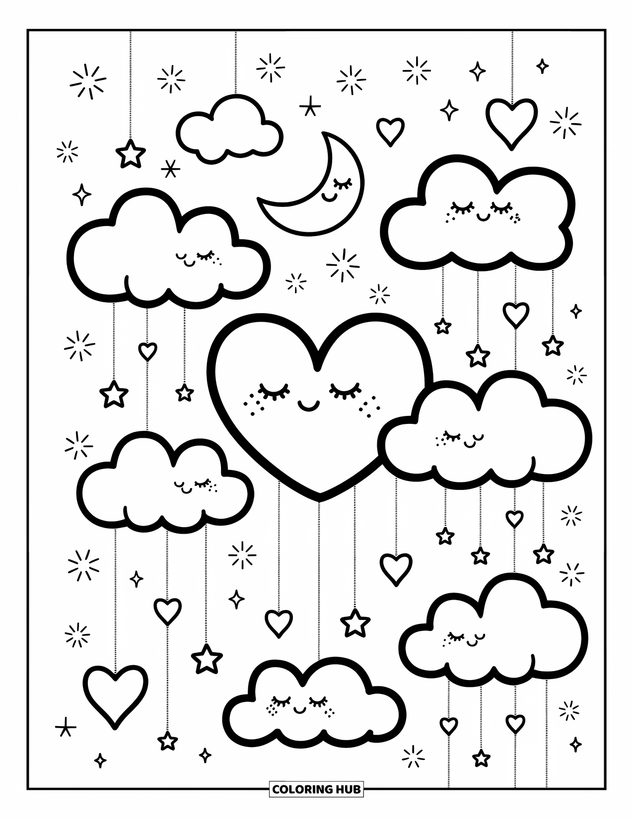 Herz Ausmalbild für Erwachsene: Herzförmige Wolken und funkelnde Sterne treiben in einem verträumten Himmel voller weicher Formen
