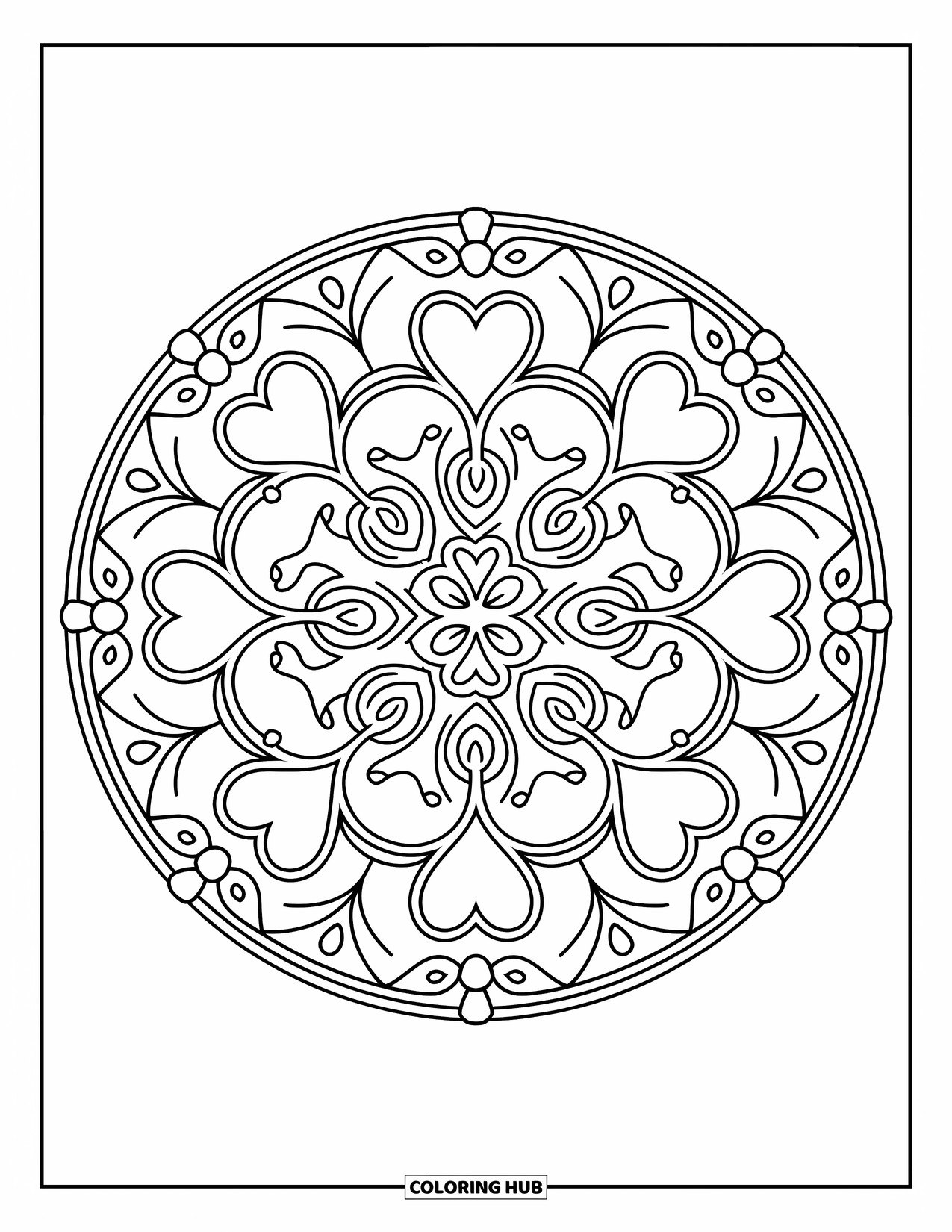 Herz Ausmalbild für Erwachsene: Herzen und Ranken bilden einen symmetrischen Kreis mit weichen, fließenden Mustern