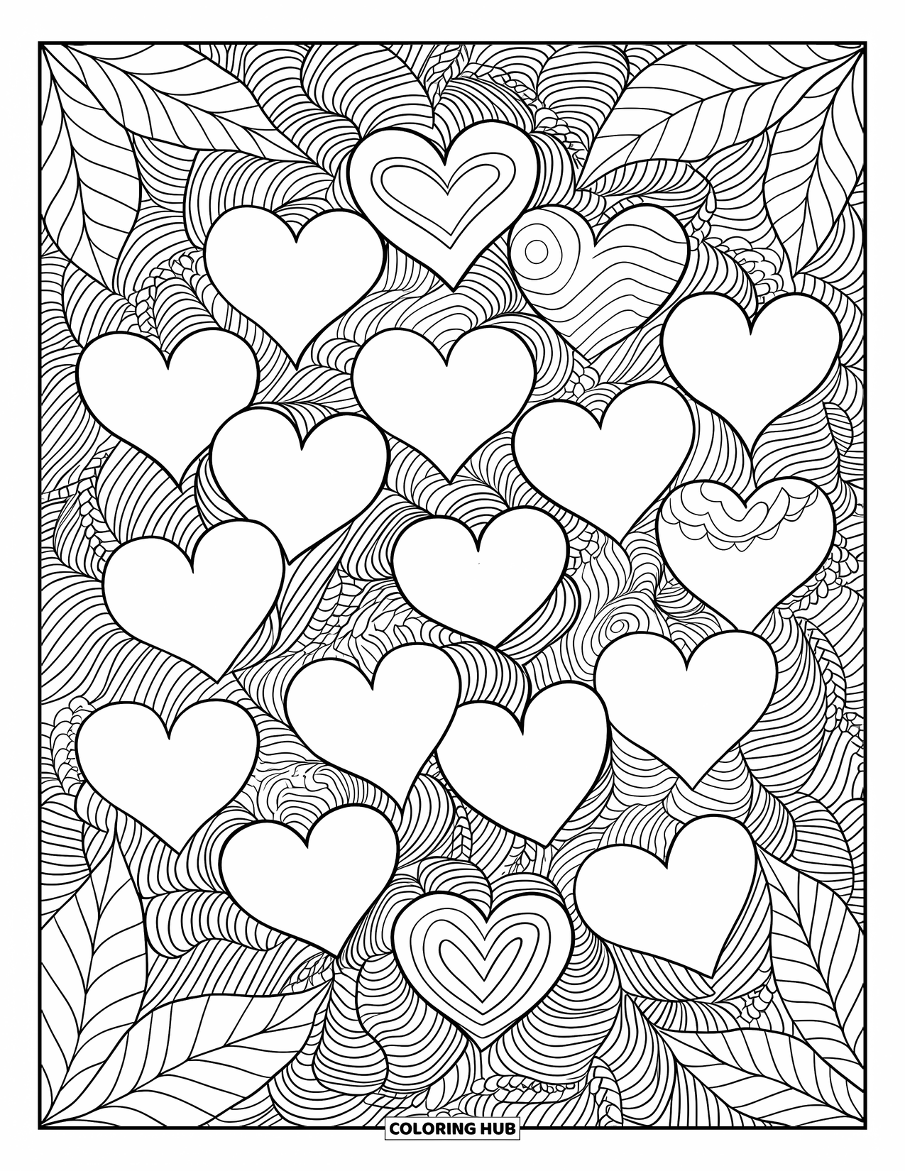 Herz Ausmalbild für Erwachsene: Herzen in kreisförmigen Mustern mit einem wirbelnden Hintergrund aus Ranken und Blättern