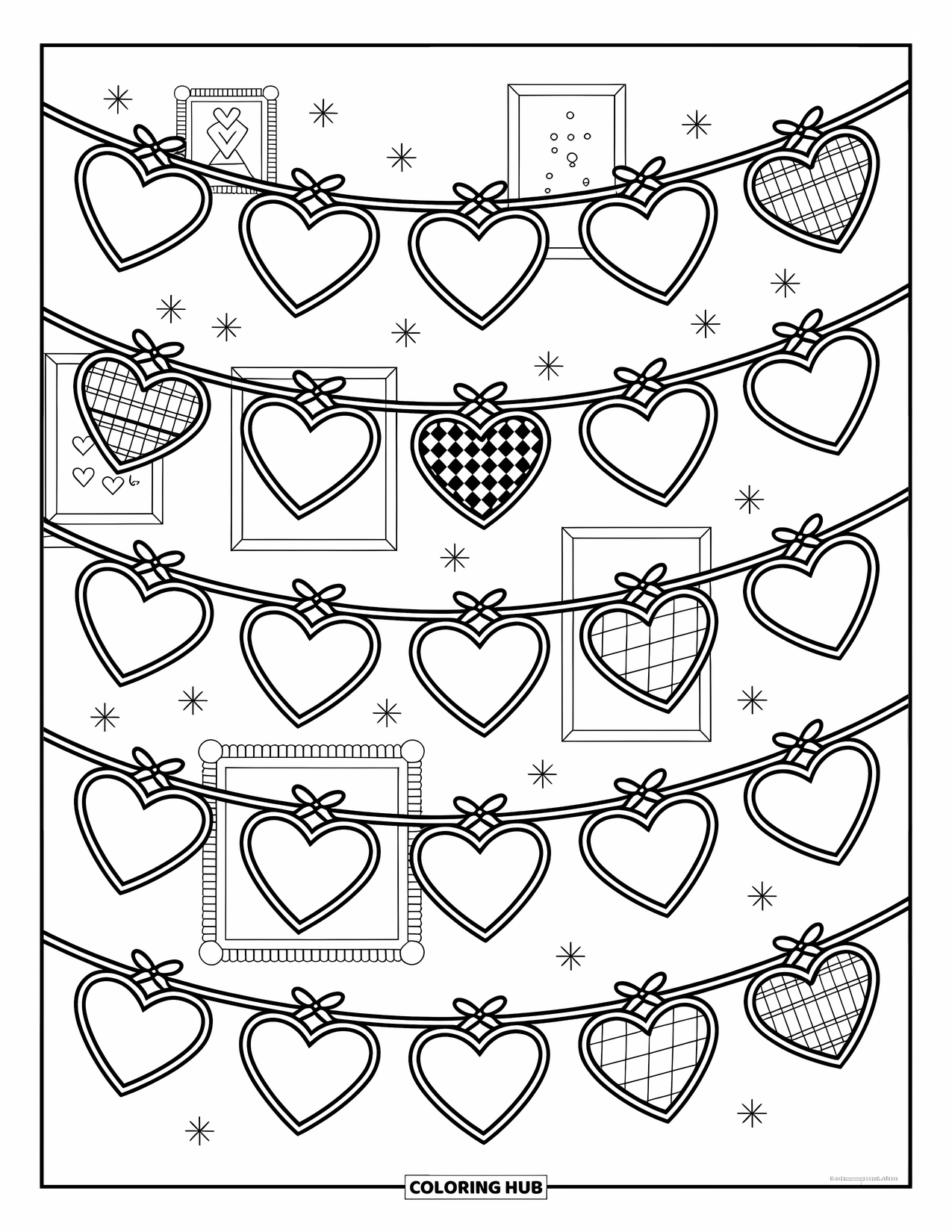 Herz Ausmalbild für Erwachsene: Gemusterte Herzgirlanden hängen an Schleifen, umgeben von gerahmten Kritzeleien und funkelnden Sternen
