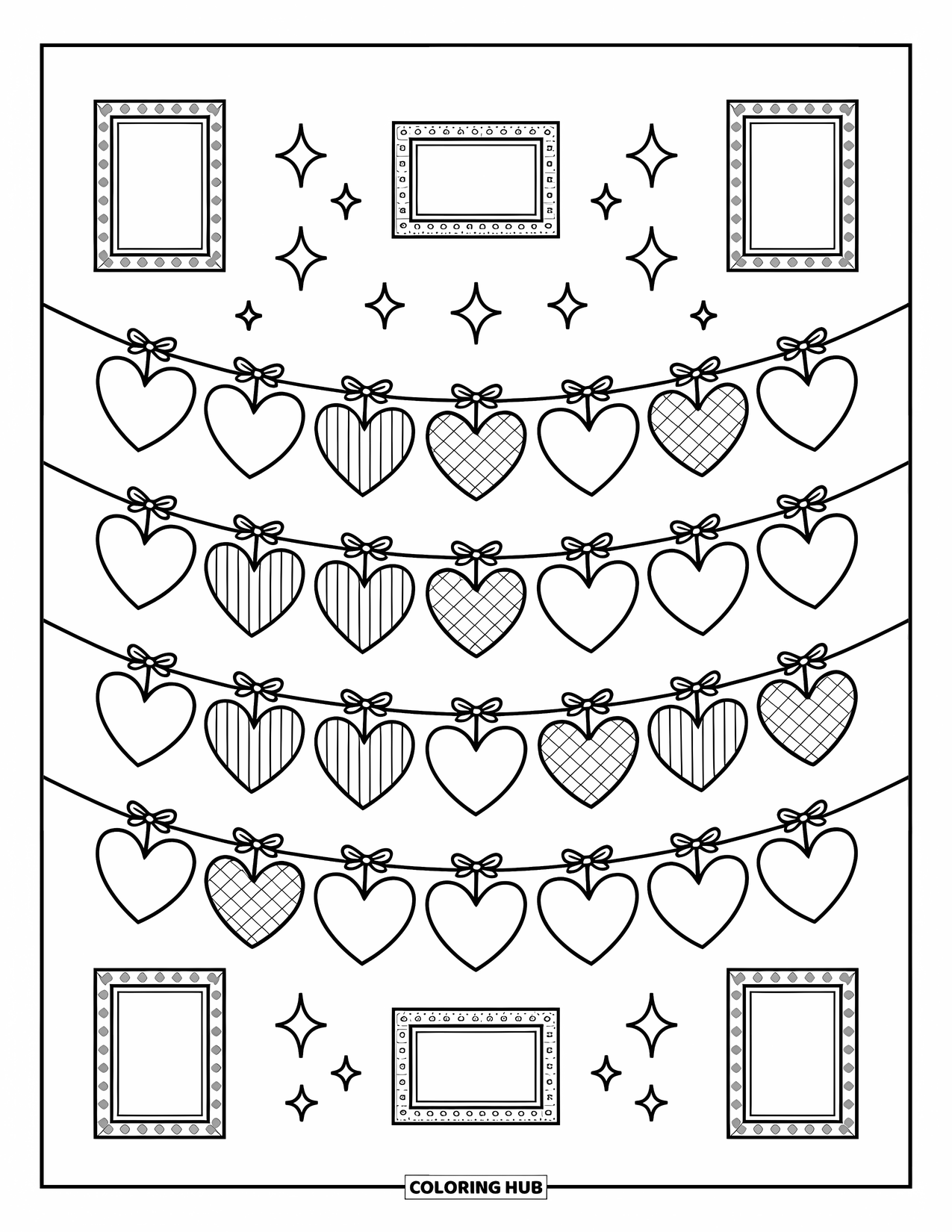 Herz Ausmalbild für Erwachsene: Reihen gemusterter Herzen hängen an Stiften mit Schleifen, gerahmt von Sternen und lustigen Kritzeleien
