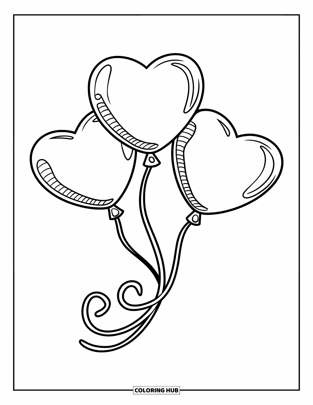 Herz Ausmalbild für Kinder: Ein 3-teiliger Herzballon, der nach oben schwebt, mit langen Locken und kräftigen Linien