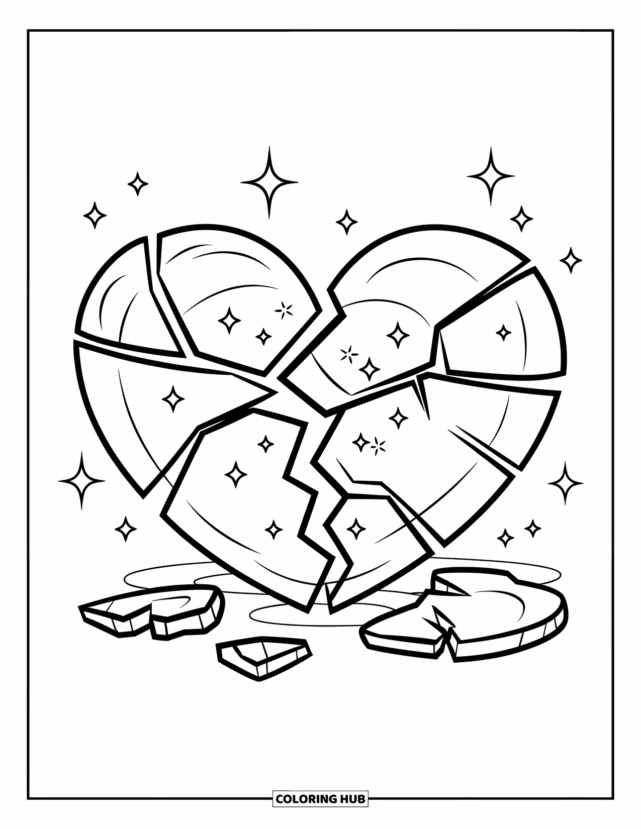 Herz Ausmalbild für Kinder: Ein gebrochenes Herz liegt in Stücken mit Glitzer, der über den weißen Hintergrund verstreut ist