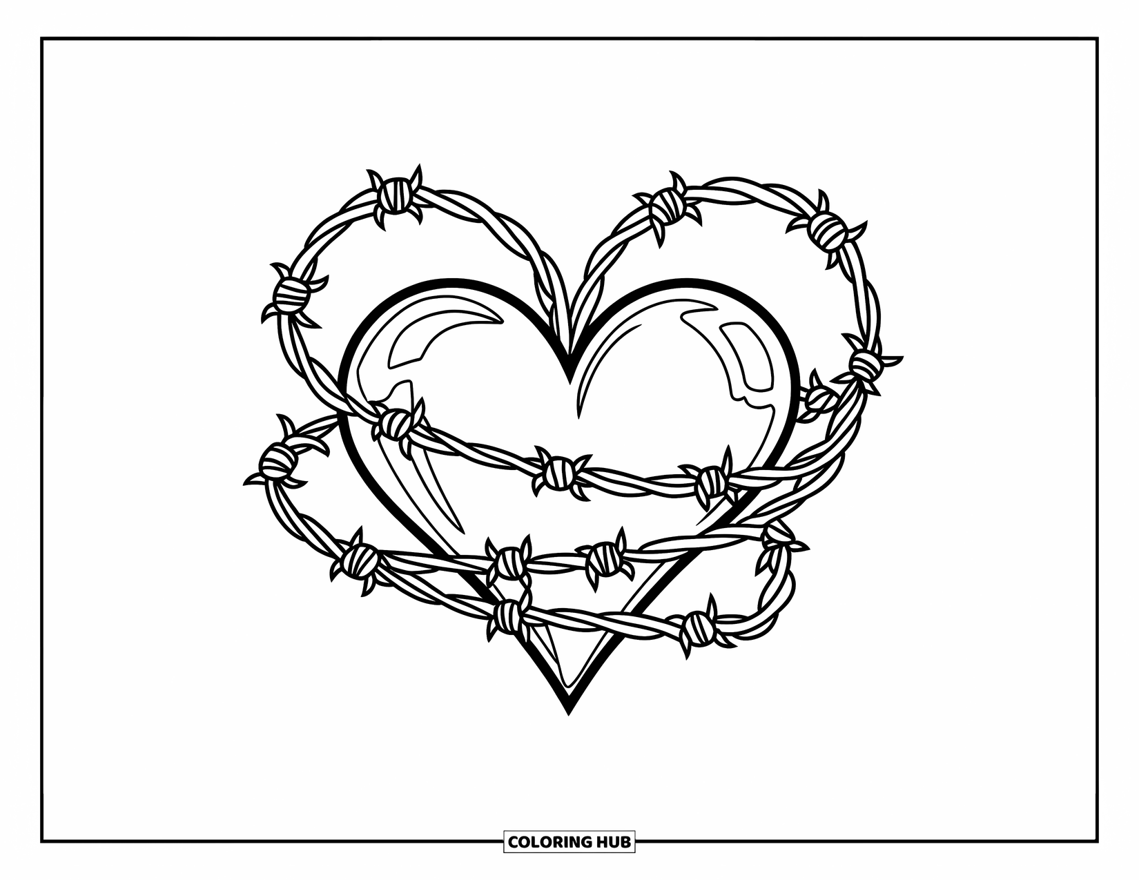 Herz Ausmalbild für Kinder: Ein zentrales Herz ist mit Stacheldraht in weichen Spiralformen verwirbelt