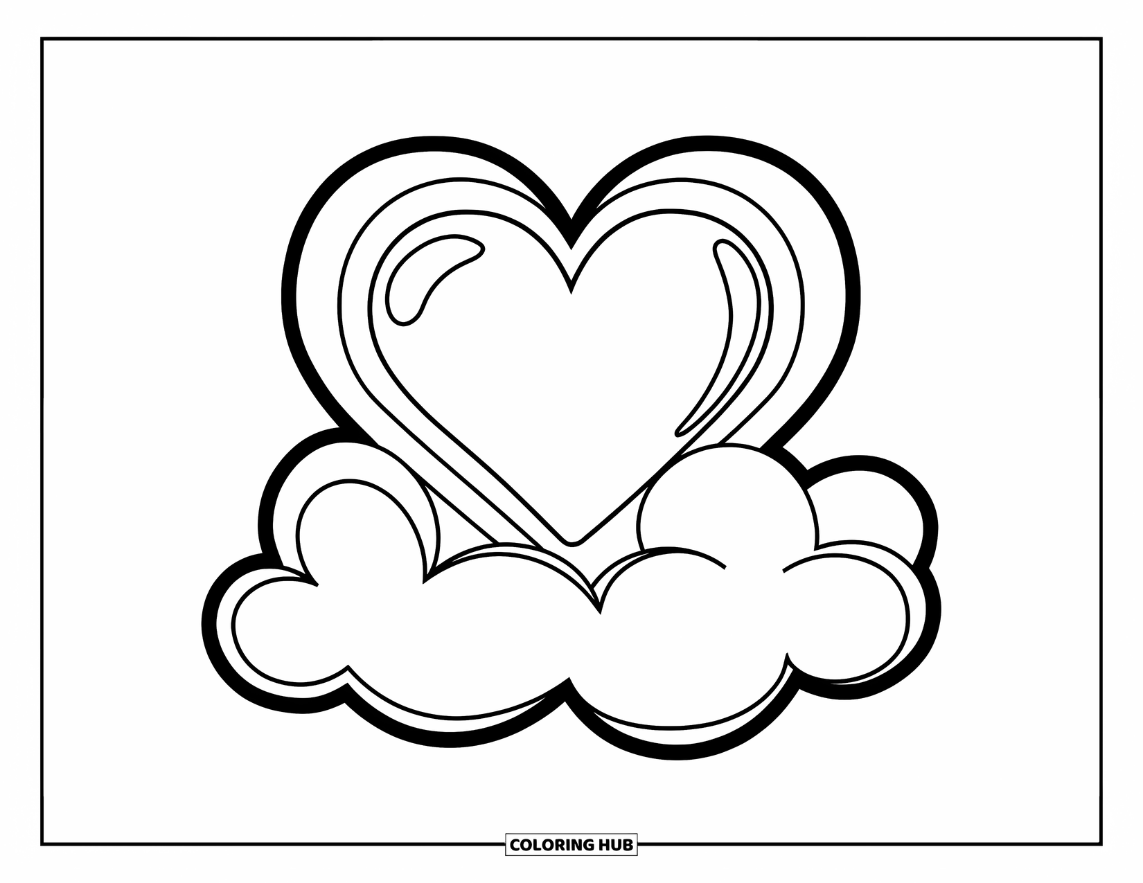 Herz Ausmalbild für Kinder: Ein fröhliches Herz ruht auf einer Wolke unter einem Himmel mit Sternen