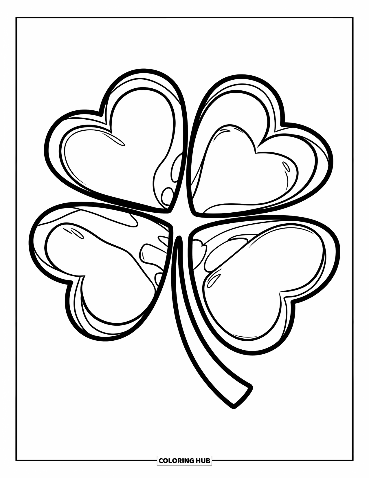 Herz Ausmalbild für Kinder: Eine Kleeblattform aus vier Herzen mit einfachen, kräftigen Umrissen