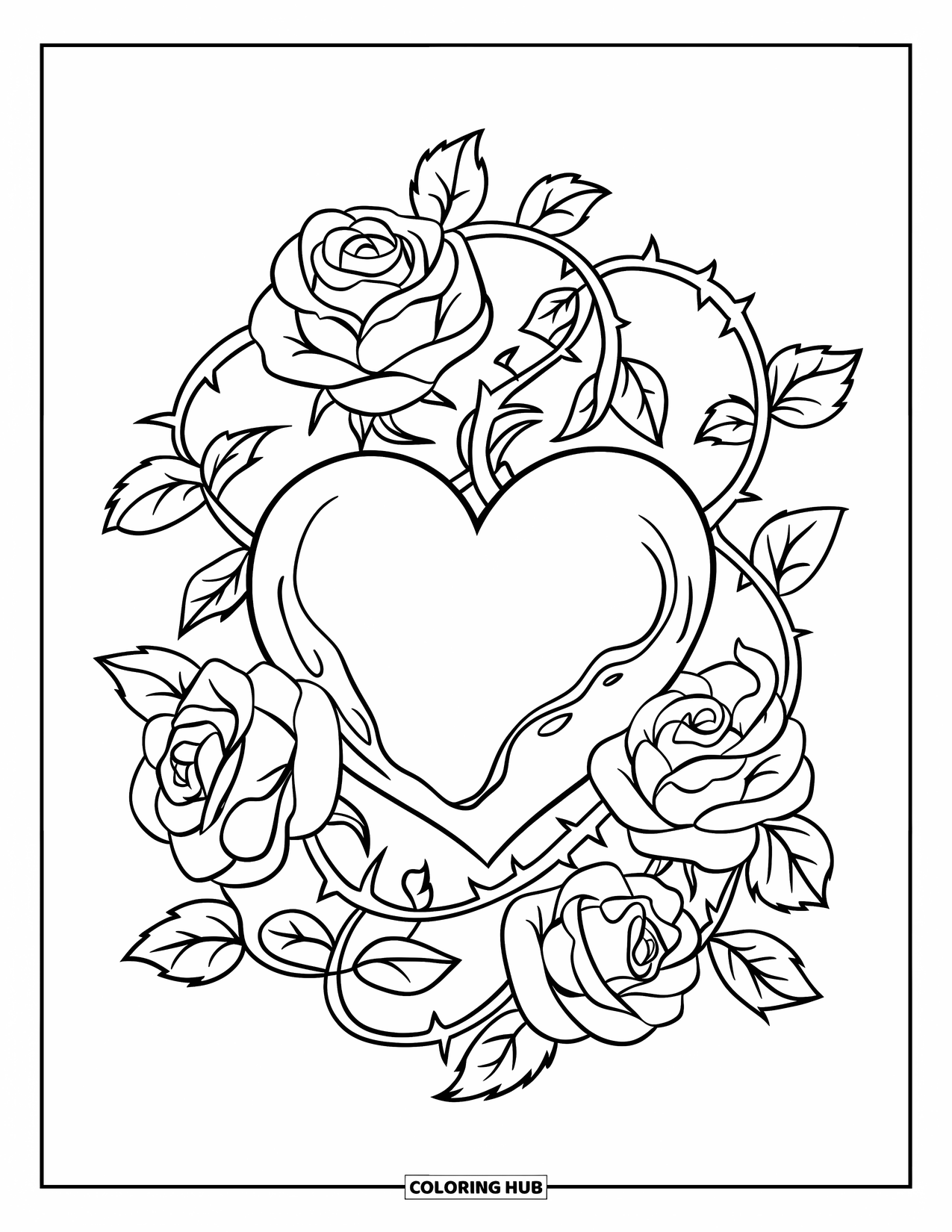 Herz Ausmalbild für Kinder: Ein zerbrochenes Herz ist von blühenden Rosen und dornigen Ranken umgeben