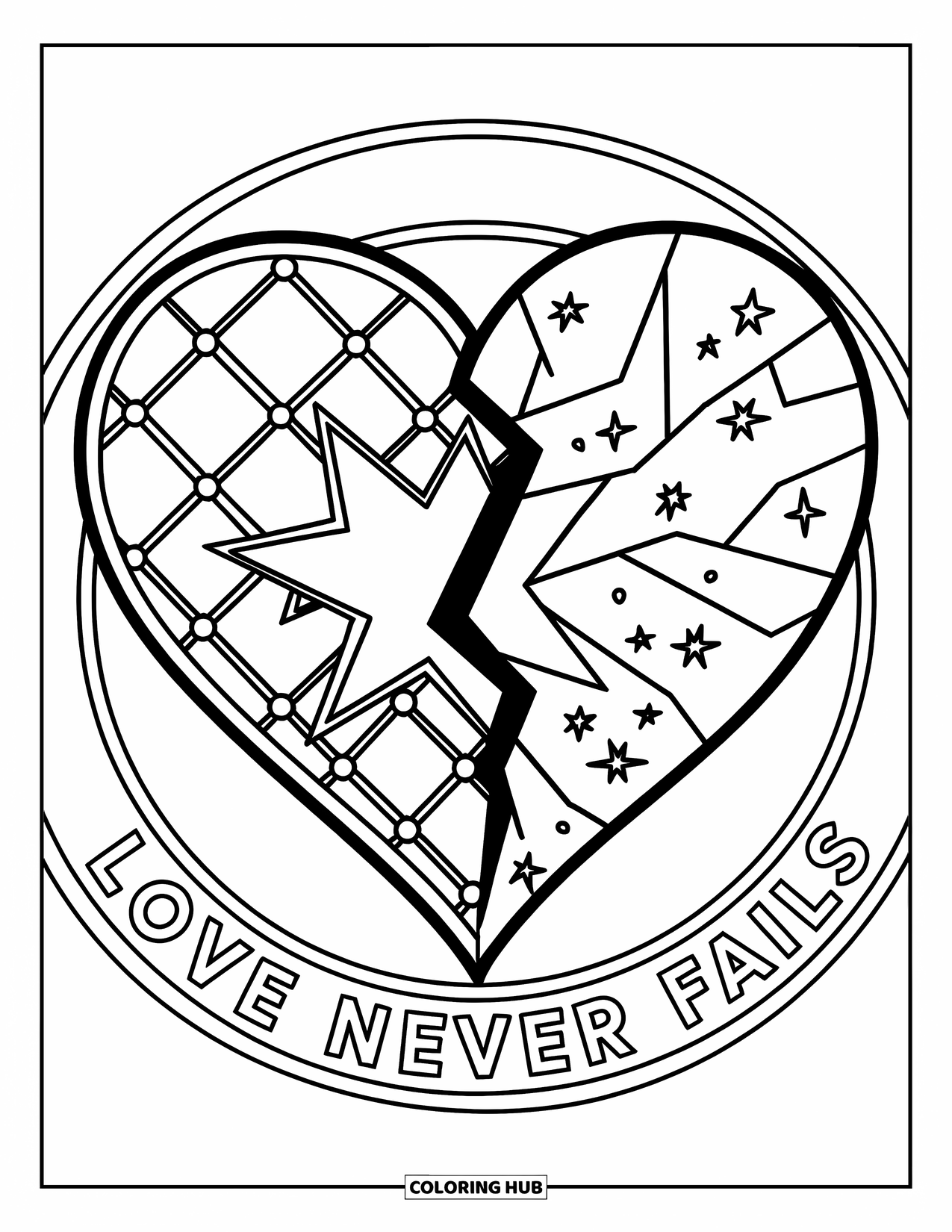 Herz Ausmalbild für Kinder: Ein zerbrochenes Herz mit Gitter- und Zickzackmustern ruht in einem Sternenkreis