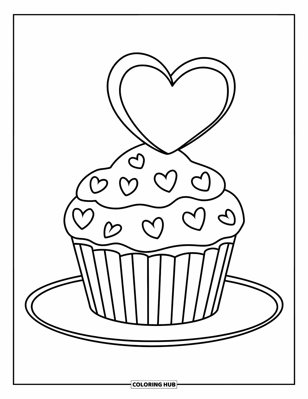 Herz Ausmalbild für Kinder: Ein Cupcake mit Herzstreuseln und einem großen Herzaufsatz sitzt auf einem Teller