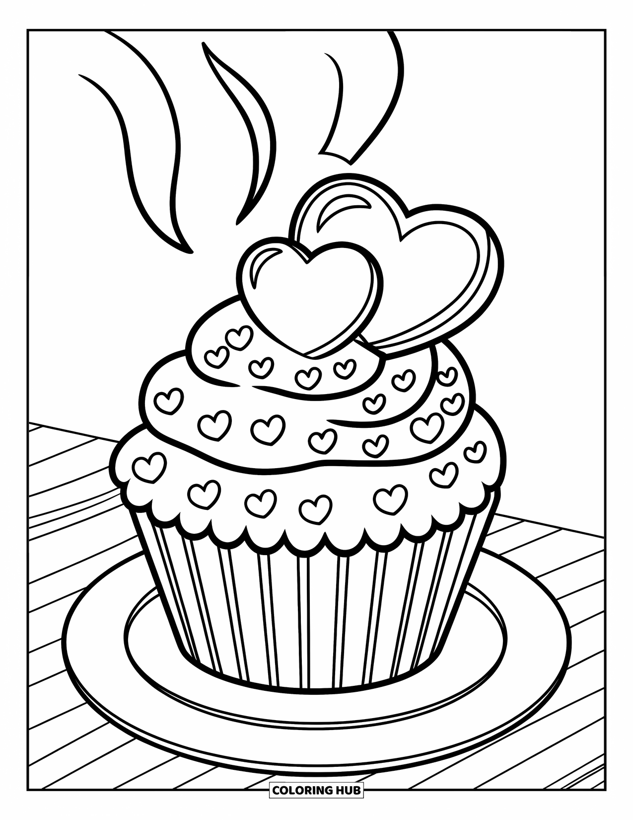 Herz Ausmalbild für Kinder: Ein Cupcake mit Dampf, Herzstreuseln und einem Herzaufsatz ruht auf einem Teller