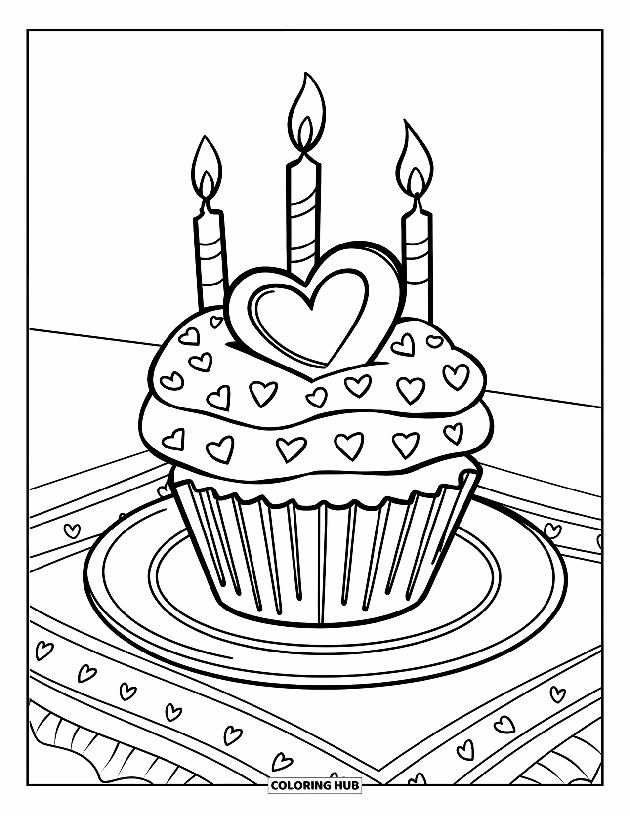 Herz Ausmalbild für Kinder: Ein Cupcake mit zwei Kerzen, Herzstreuseln und einem Herzaufsatz sitzt auf einem Tisch