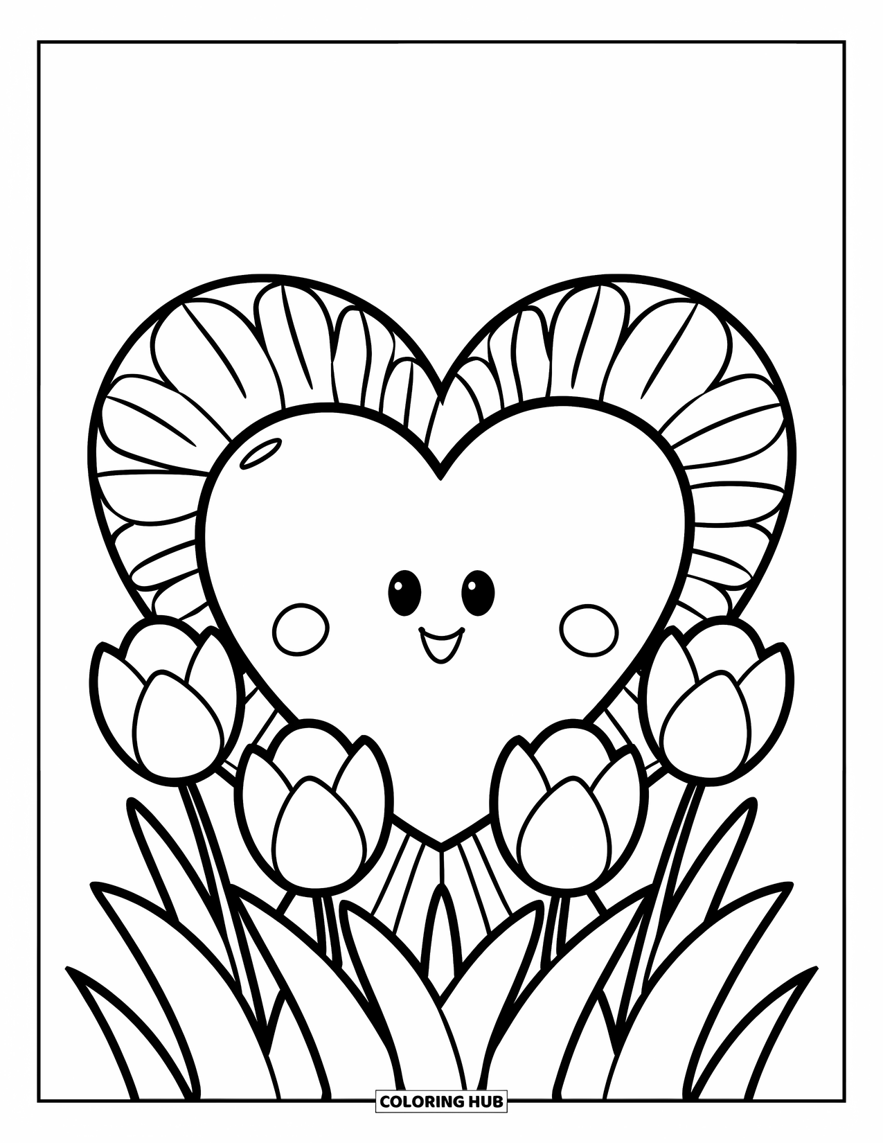 Herz Ausmalbild für Kinder: Ein niedliches Herz mit Tulpenblüten am unteren Rand, gezeichnet in kräftigen Umrissen