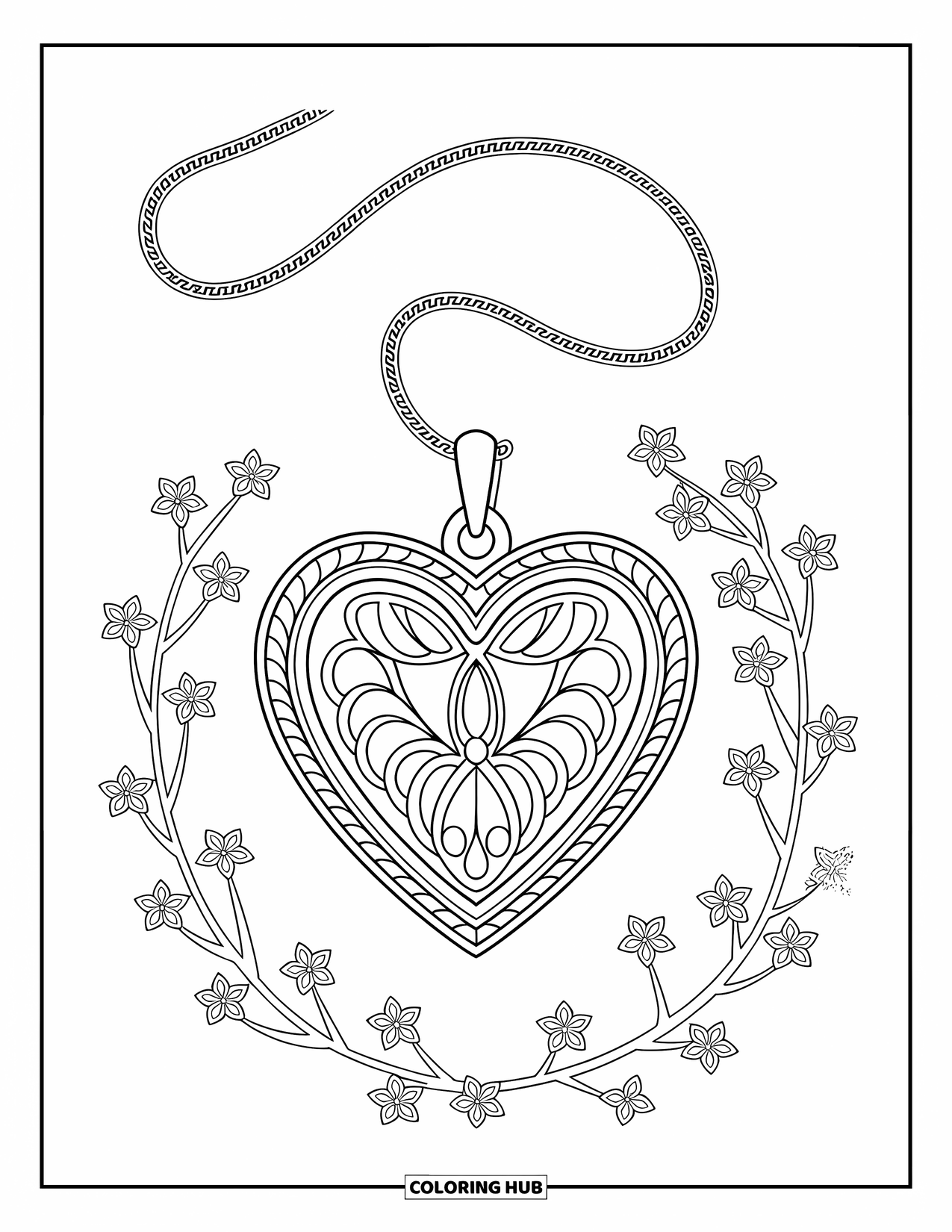 Herz Ausmalbild für Kinder: Ein detailliertes Medaillon mit einem Herz in der Mitte und floralen Akzenten schwingt sanft