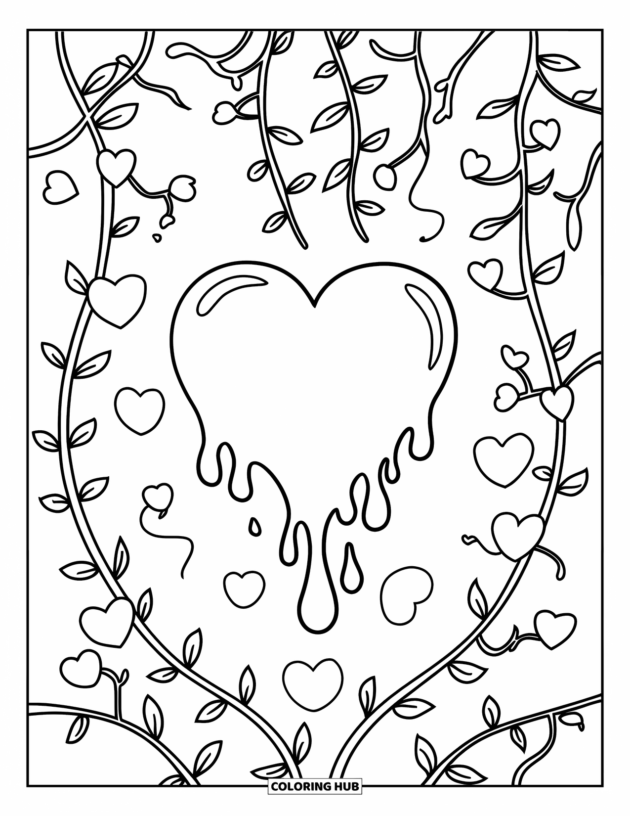 Herz Ausmalbild für Kinder: Ein tropfendes Herz ist von sich windenden Ranken und winzigen schwebenden Herzen umgeben