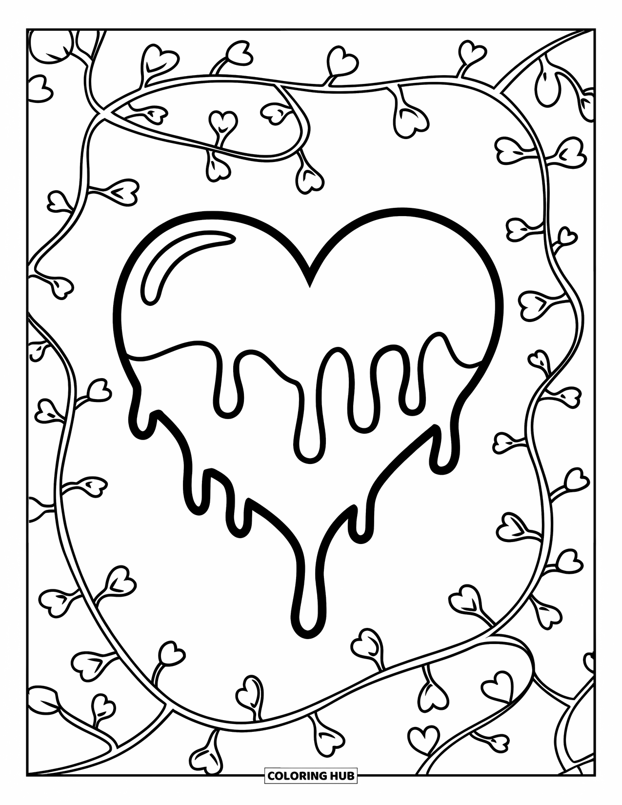 Herz Ausmalbild für Kinder: Ein tropfendes Herz ruht inmitten von sich kräuselnden Ranken und verstreuten kleinen Herzen