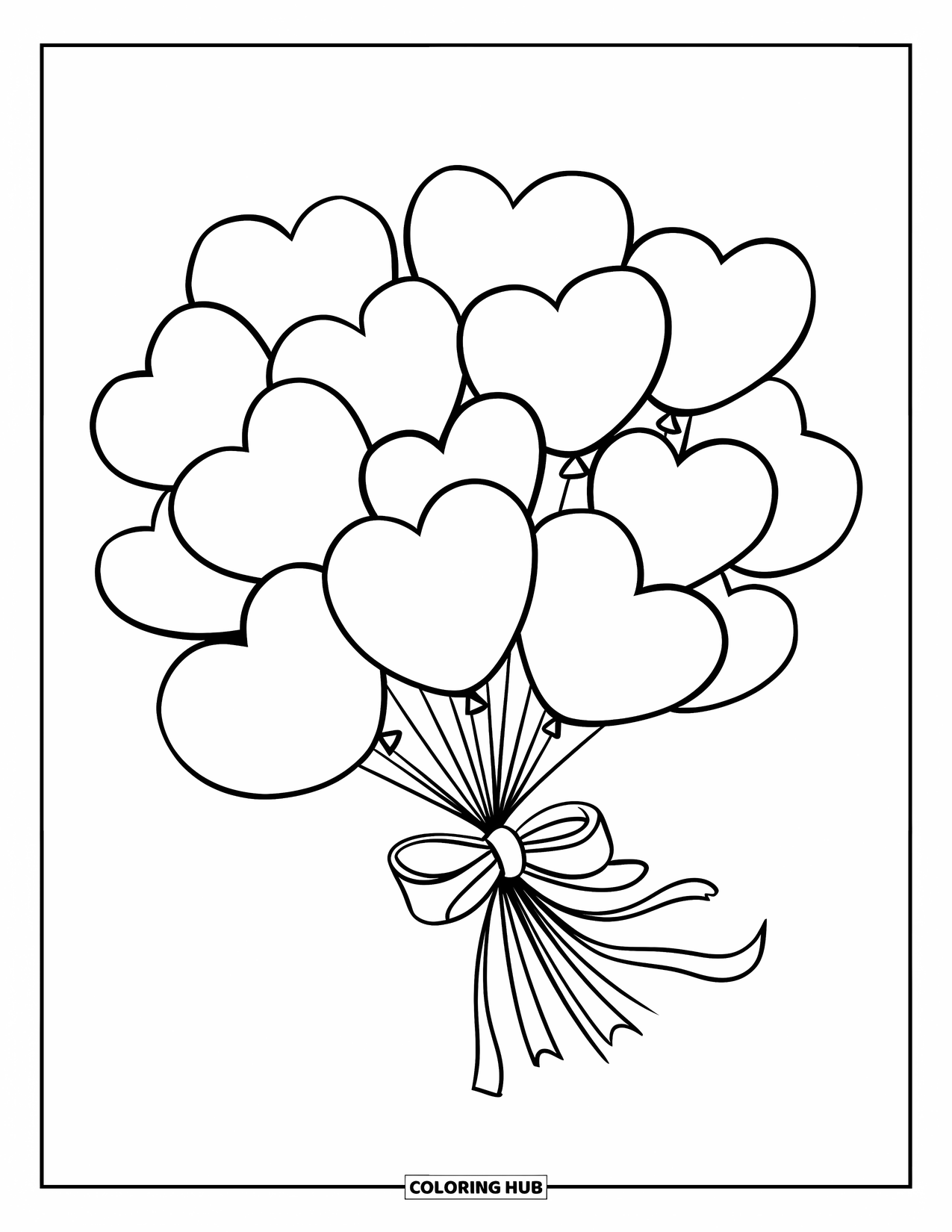 Herz Ausmalbild für Kinder: Ein schwebender Strauß herzförmiger Ballons ist mit einem Band zusammengebunden