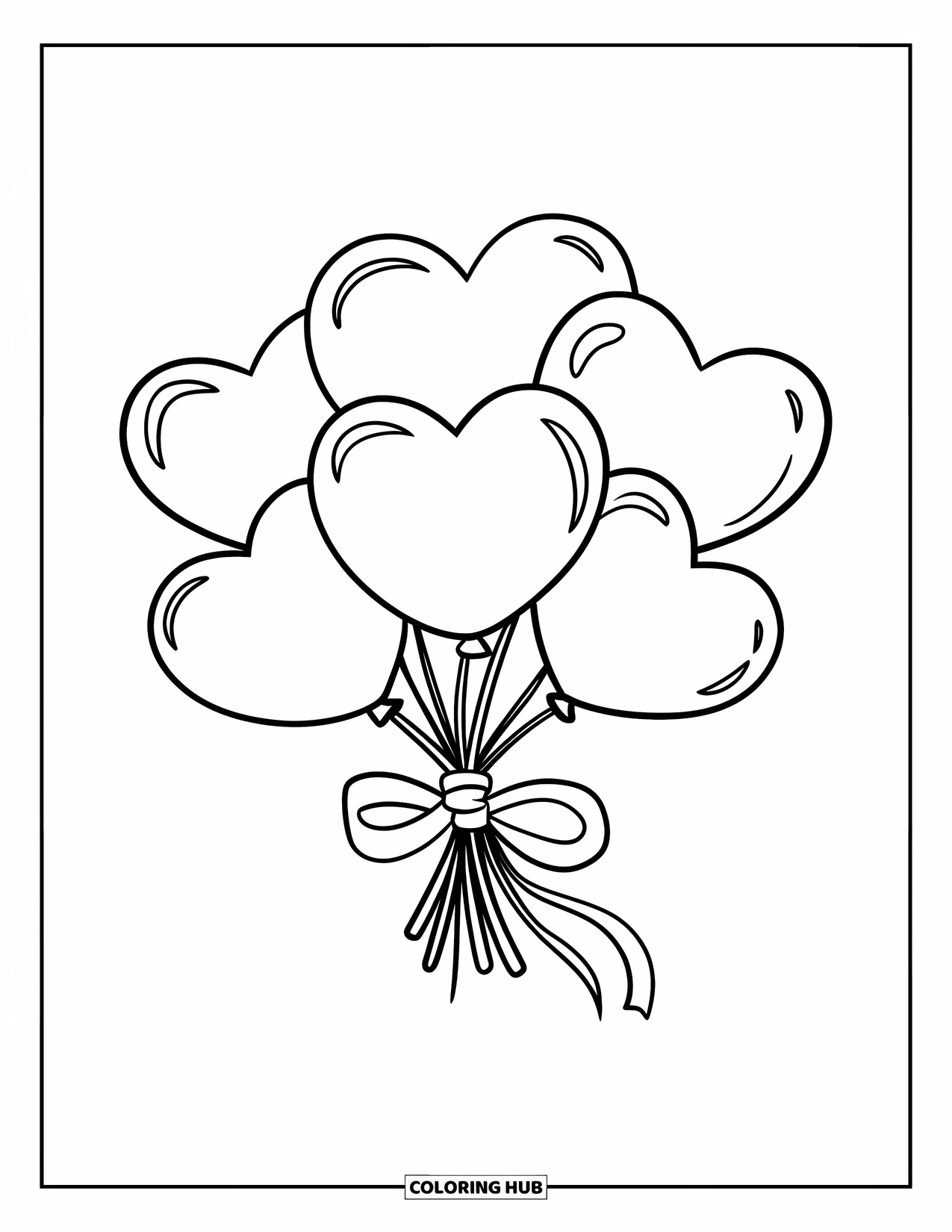 Herz Ausmalbild für Kinder: Ein Herzballonstrauß mit einer Bandschleife schwebt sanft durch die Luft