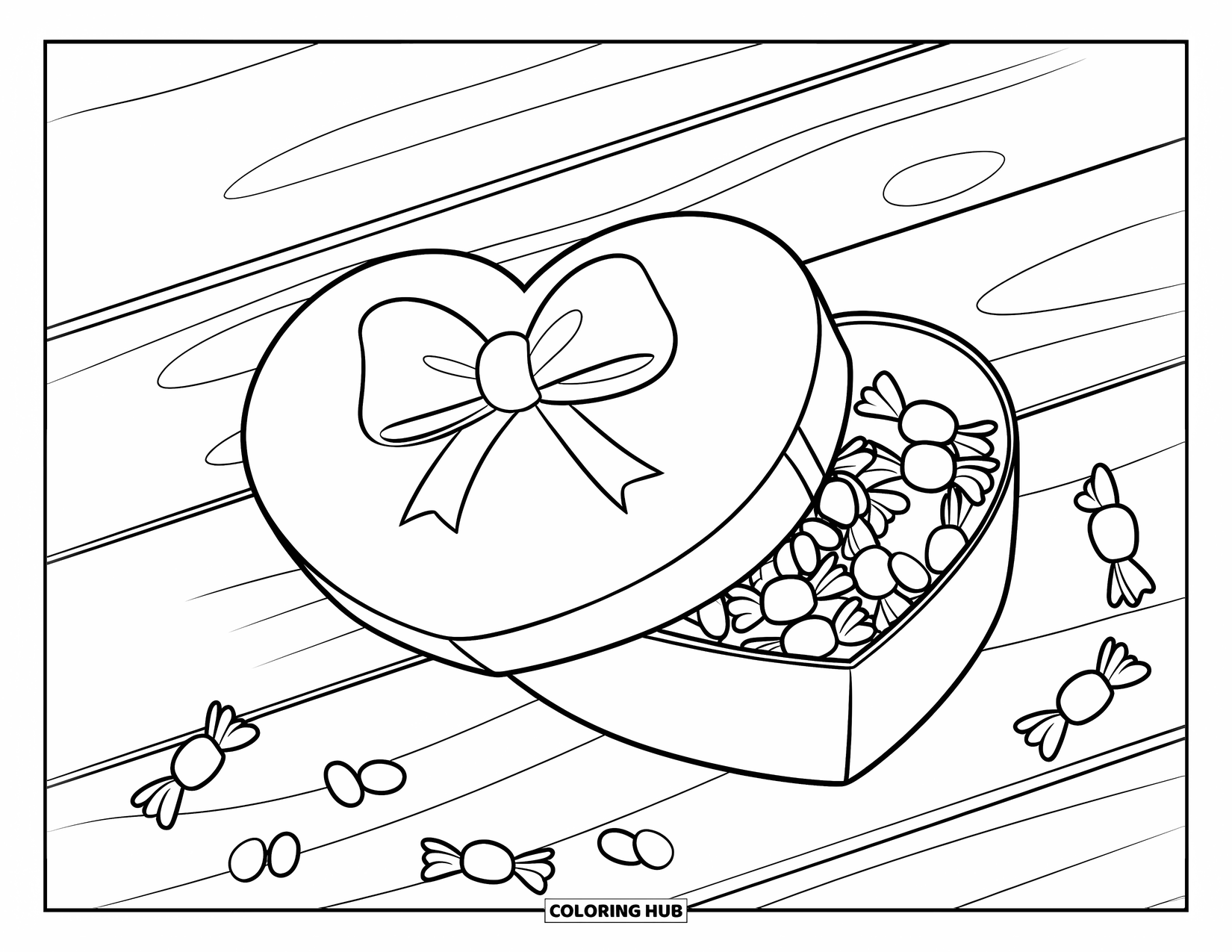 Herz Ausmalbild für Kinder: Eine Herzbox mit Süßigkeiten sitzt auf Holz, mit Süßigkeiten in der Nähe verstreut
