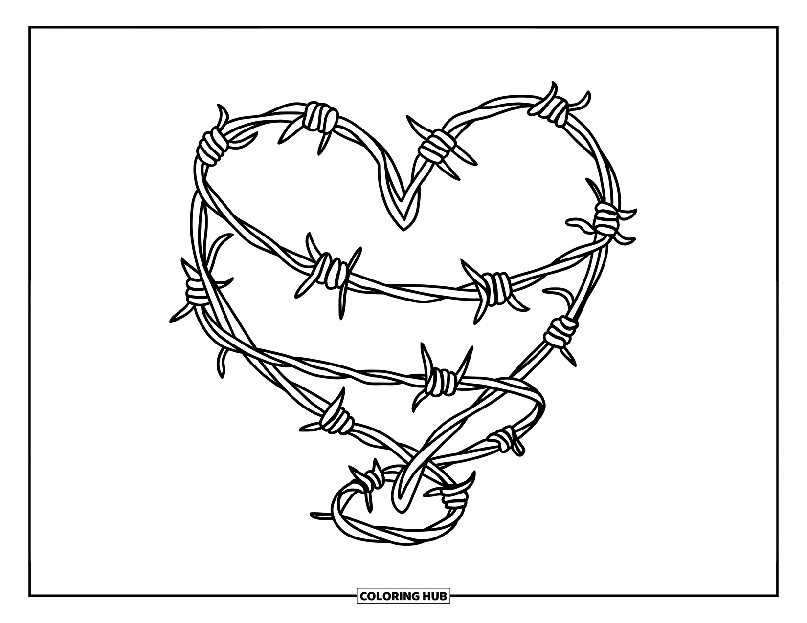 Herz Ausmalbild für Kinder: Ein Herz ist locker in spiralförmigen Stacheldraht auf einem weißen Hintergrund eingewickelt