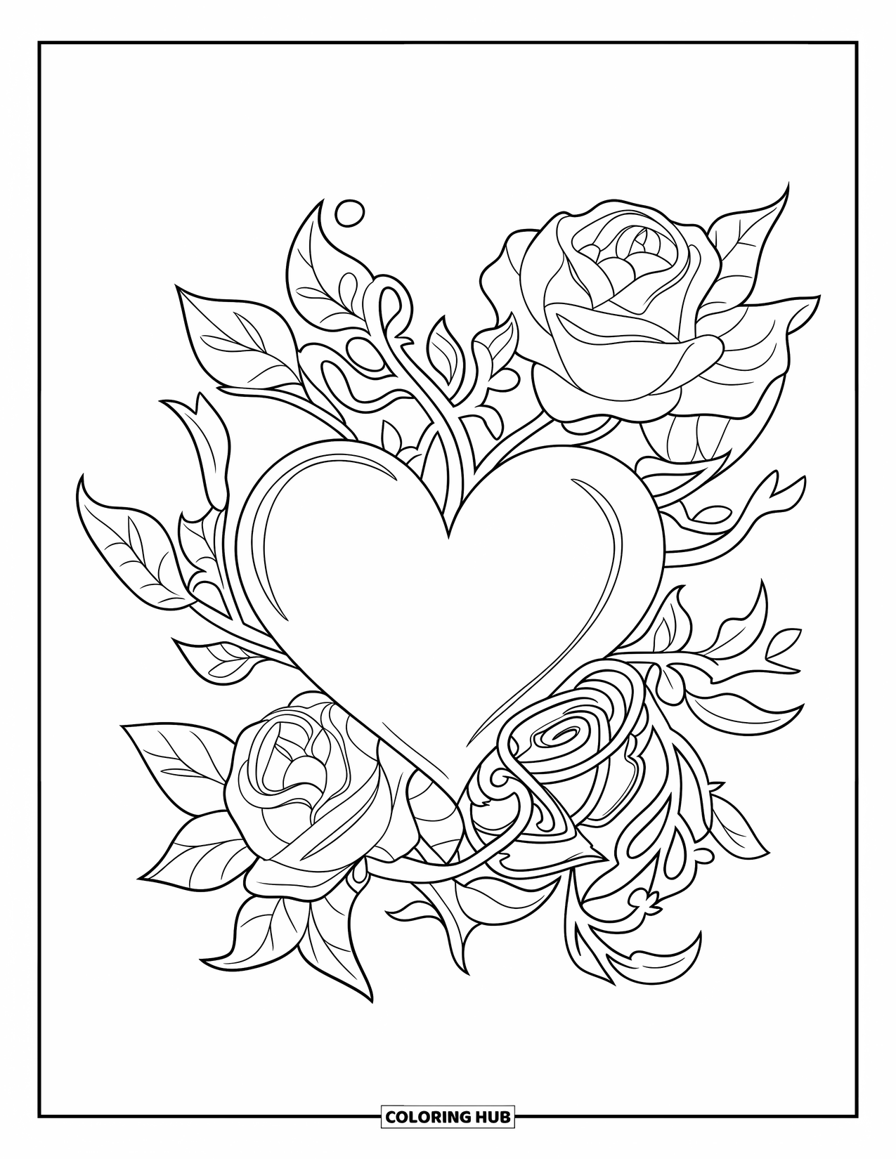 Herz Ausmalbild für Kinder: Ein Herz ist von Vintage-Rosen und sich windenden Ranken umgeben
