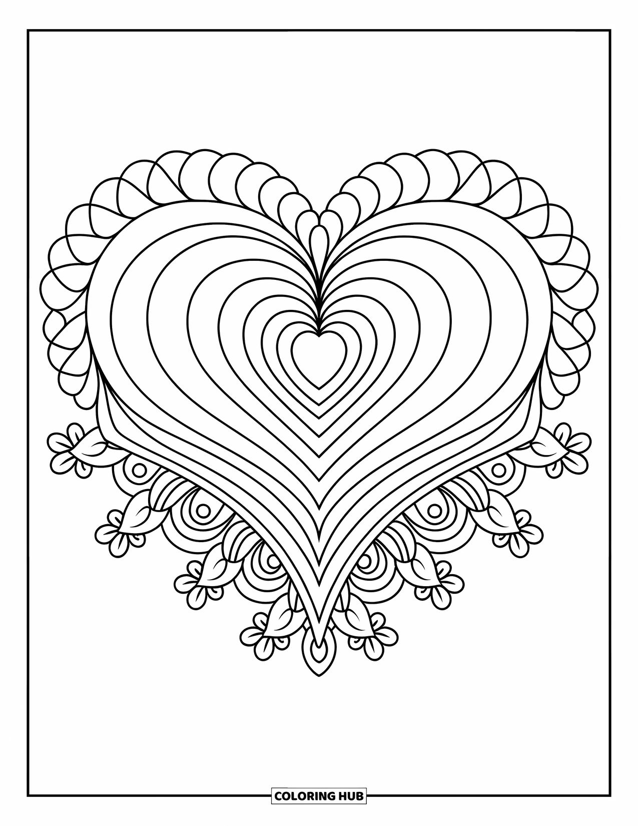 Herz Ausmalbild für Kinder: Ein Herz-Mandala mit geschichteten Formen und geschwungenen Linien sitzt auf einem sauberen Hintergrund