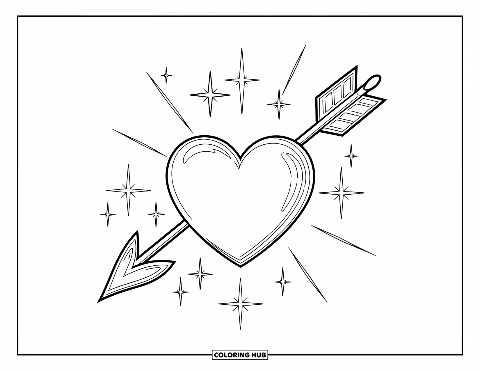 Herz Ausmalbild für Kinder: Ein von einem anmutigen Pfeil durchbohrtes Herz funkelt im Zentrum einer sauberen weißen Seite