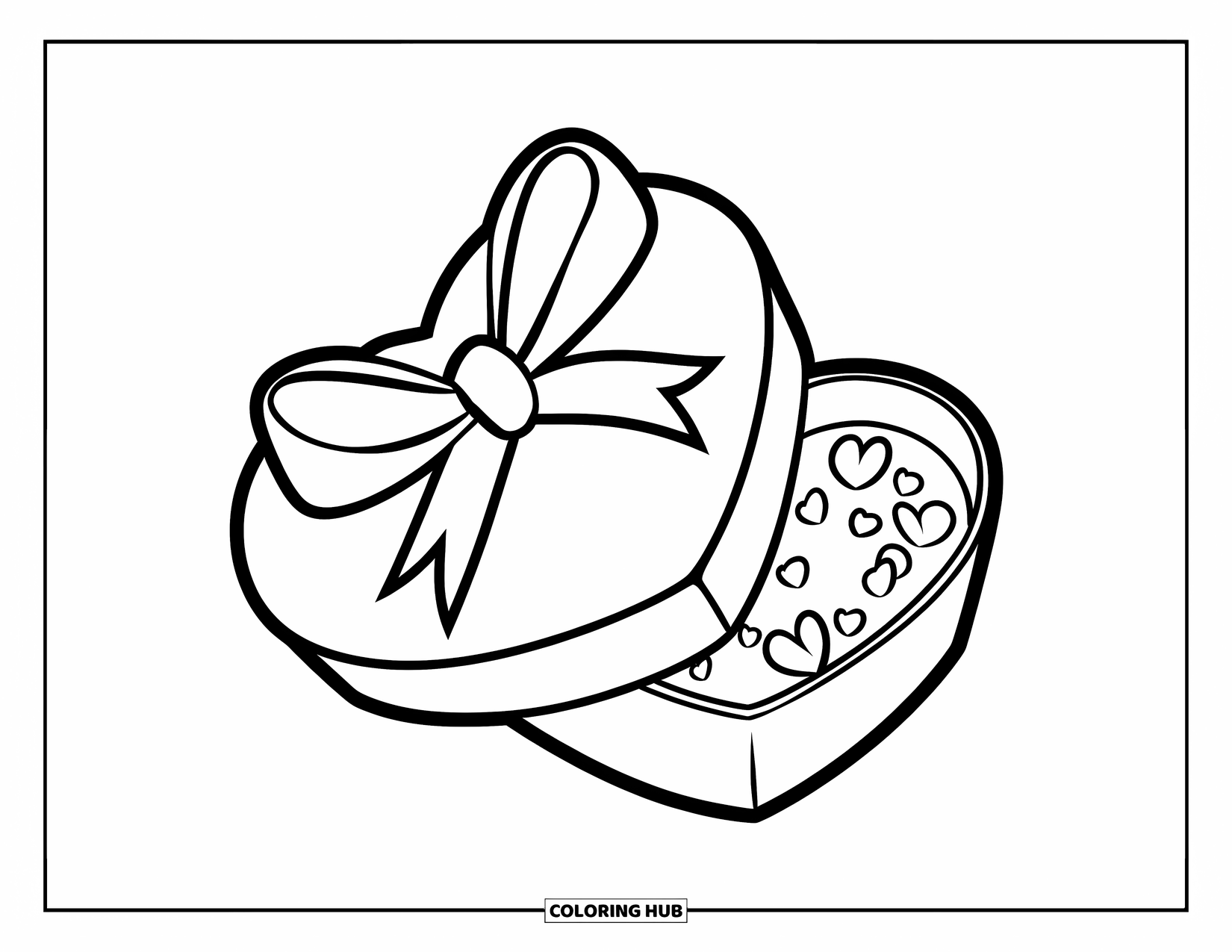 Herz Ausmalbild für Kinder: Eine herzförmige Schachtel mit einer Schleife ist mit winzigen Bonbons auf einem leeren Hintergrund gefüllt