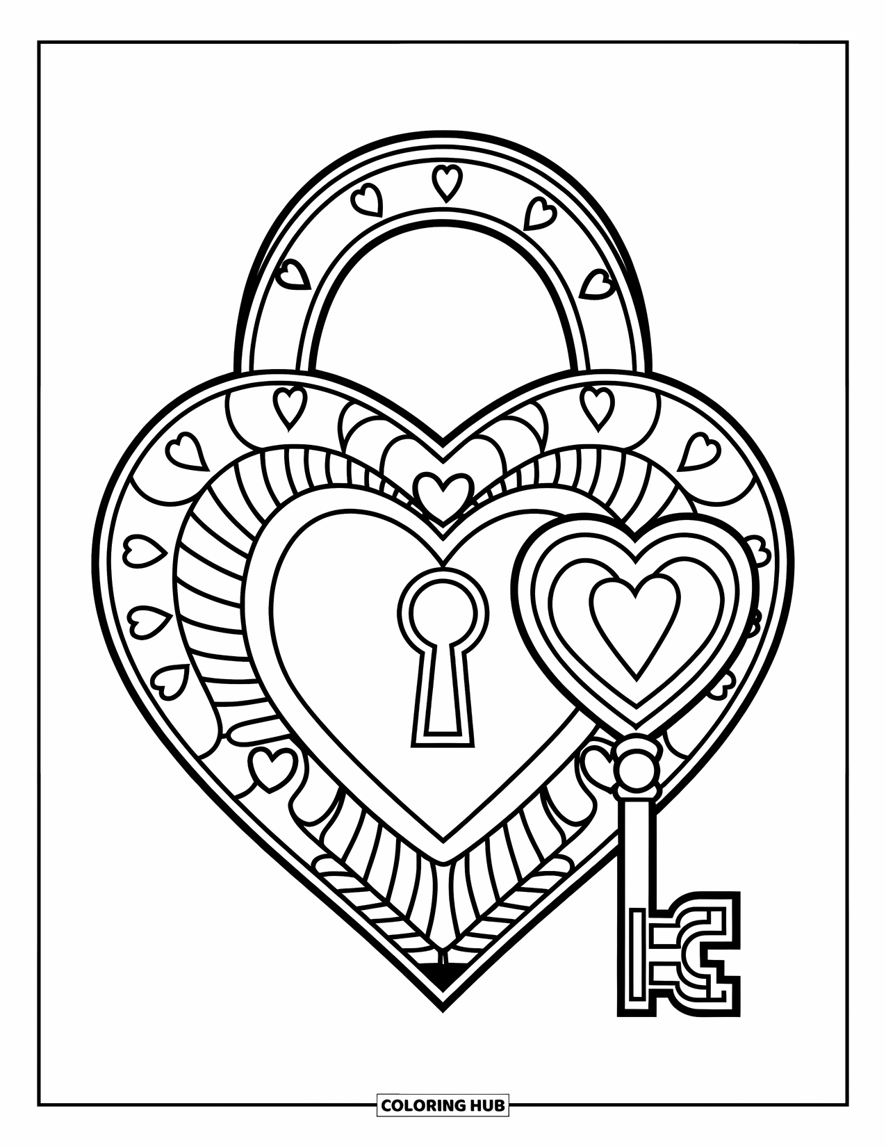 Herz Ausmalbild für Kinder: Ein herzförmiges Schloss und ein passender Schlüssel sitzen nebeneinander auf einem sauberen Hintergrund