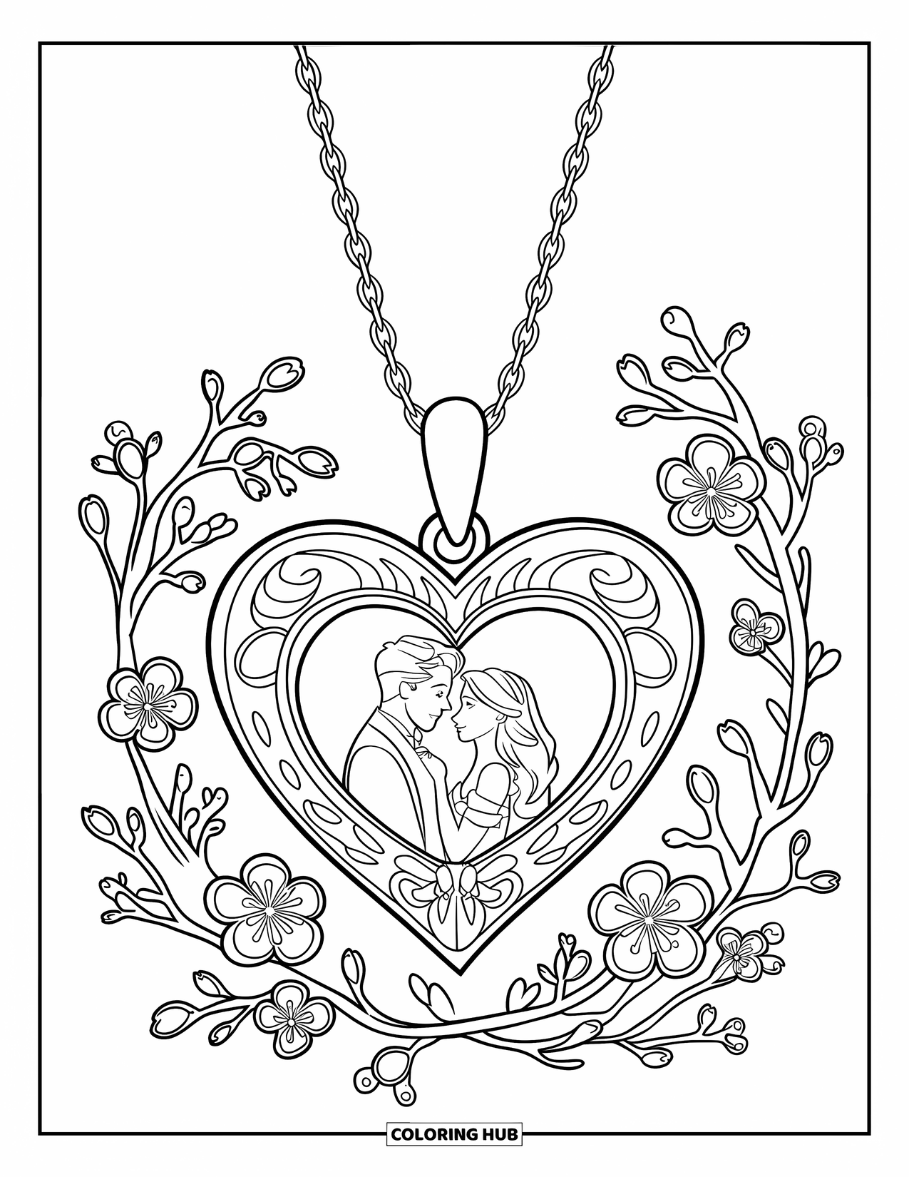 Herz Ausmalbild für Kinder: Ein herzförmiges Medaillon, das das Bild eines Paares enthält, ist von blühenden Blüten umgeben