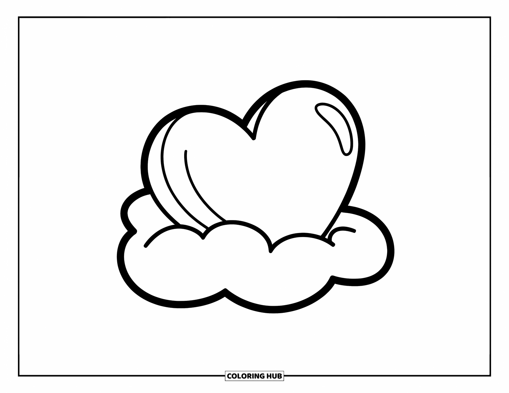 Herz Ausmalbild für Kinder: Ein Herz sitzt sanft auf einer weichen, einfachen Wolke mit kräftigen Umrissen
