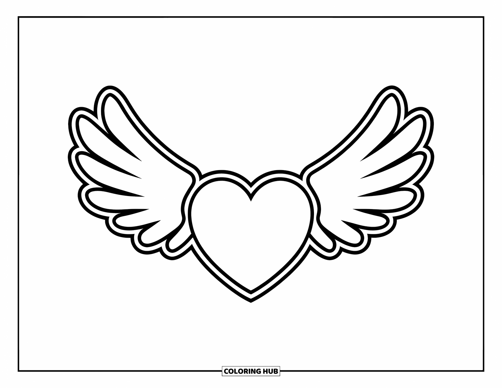 Herz Ausmalbild für Kinder: Ein Herz mit großen Flügeln auf beiden Seiten, einfach und leicht auszumalen