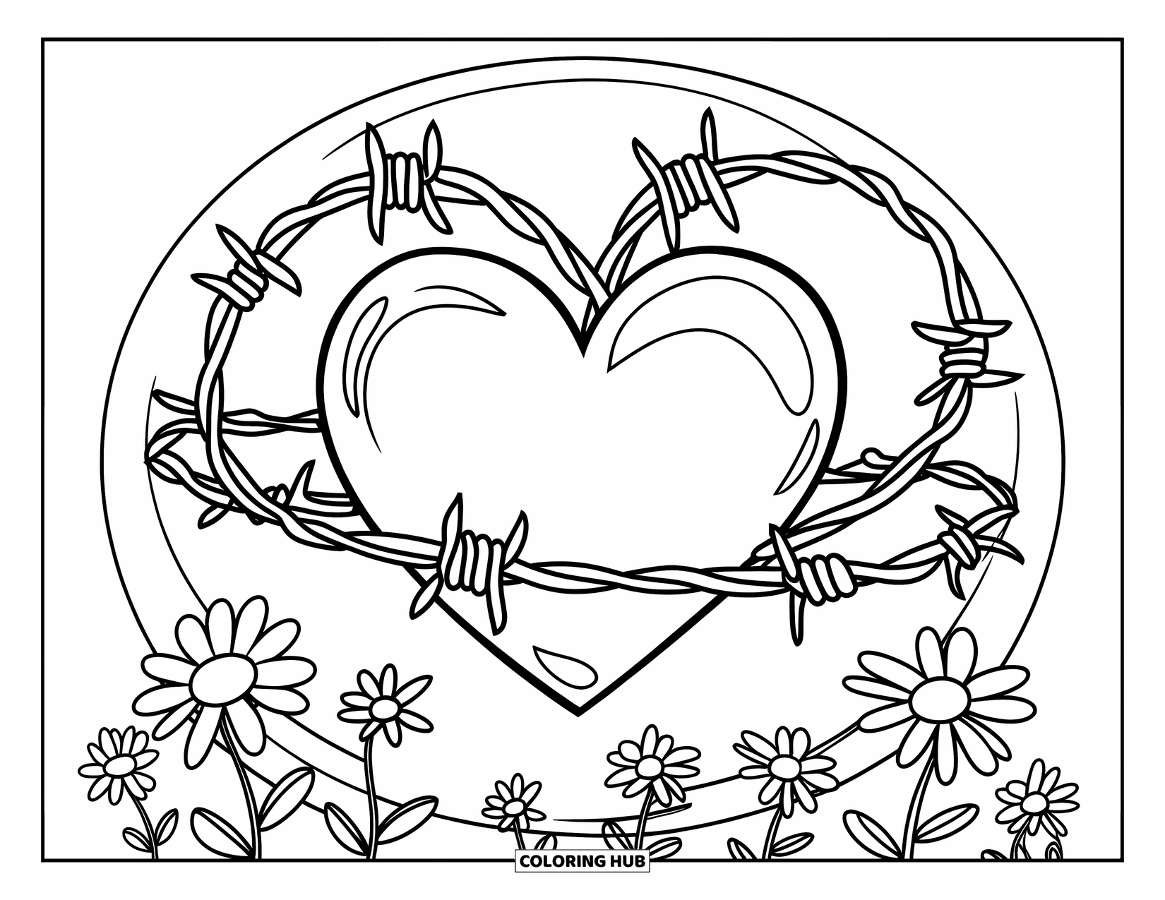 Herz Ausmalbild für Kinder: Ein mit Stacheldraht umwickeltes Herz ist von weichen Blumen und kräftigen Umrissen umgeben