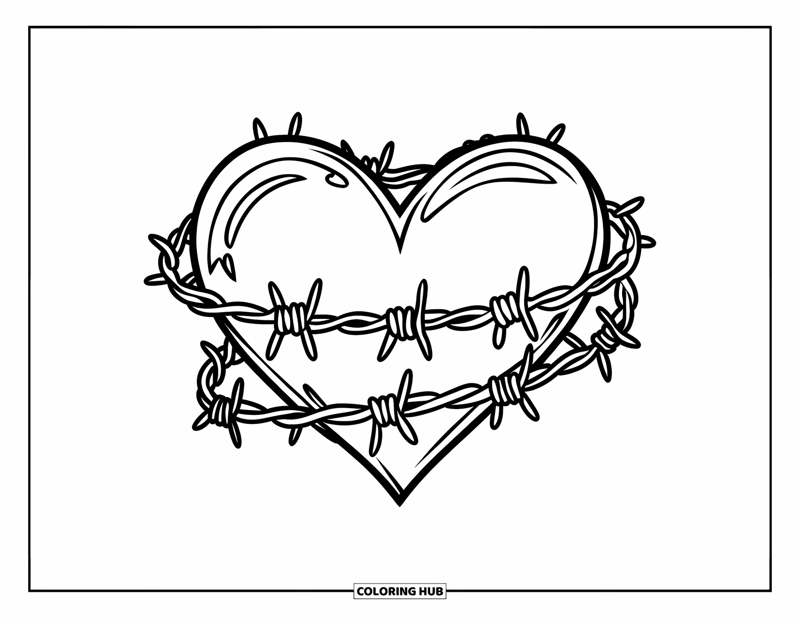 Herz Ausmalbild für Kinder: Ein mit Stacheldraht umwickeltes Herz sitzt kühn in der Mitte der Seite